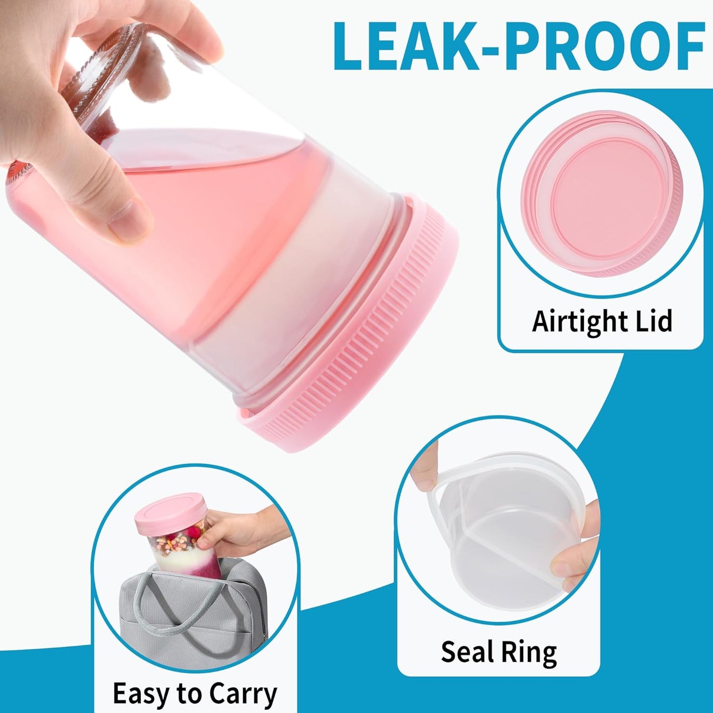 16 oz Overnight Oats Containers with Airtight Lids - 6-Pack Leak-Proof Wide Mouth Mason Jars & Divided Cups for Dried and Wet Foods, Glass Jars for Chia Pudding, Salad, Snacks, and Yogurt