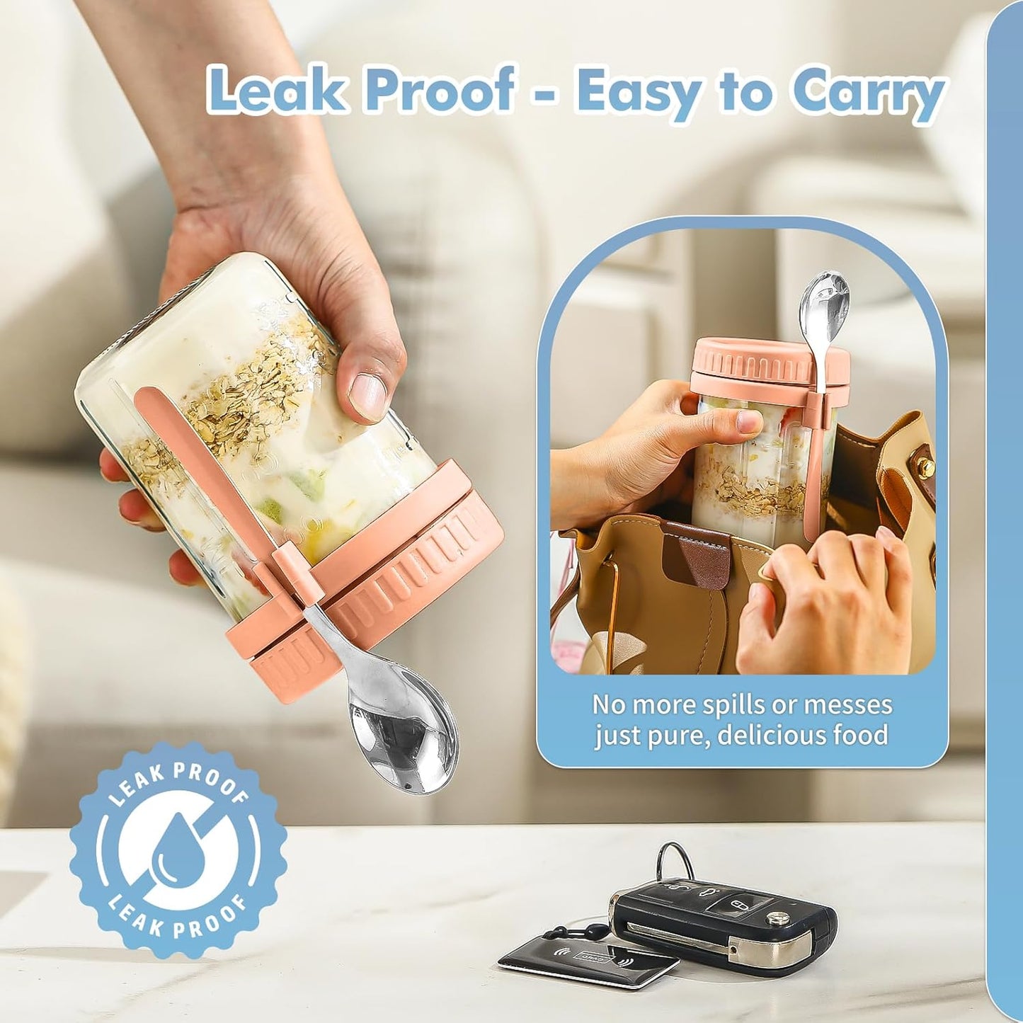 DRKIO 6 Pack Overnight Oats Containers with Lids and Spoons 16 Oz Glass Mason Jars for Overnight Oats Leak Proof Oatmeal Container Great for Cereal Fruit Vegetable Milk Salad Yogurt Meal Prep