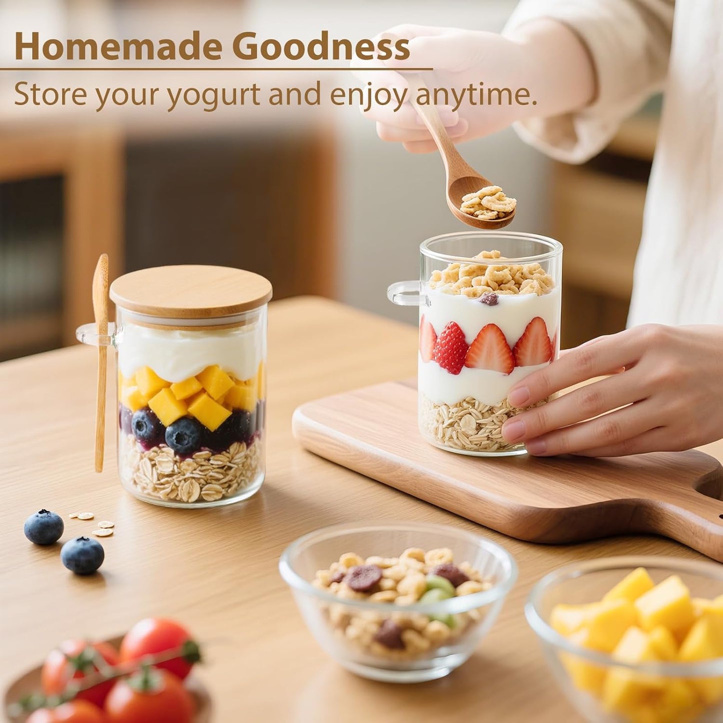 6 Pack Overnight Oats Containers with Lids and Spoons, 16oz Glass Jars with Bamboo Lids, Airtight Meal Prep Yogurt Containers for Breakfast, Parfait, Salad, Chia Pudding