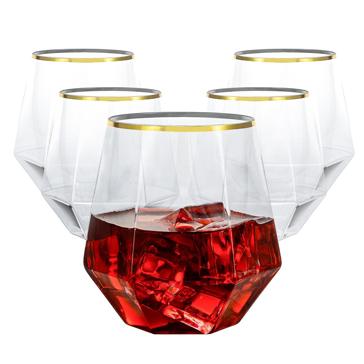 Goodluck 40 PCS Diamond Stemless Plastic Wine Whiskey Glasses, 12 Oz Disposable Cocktail Glasses, Suitable for Weddings, Birthday Parties, Family Gatherings, Bars, etc (Gold rimmed cups)