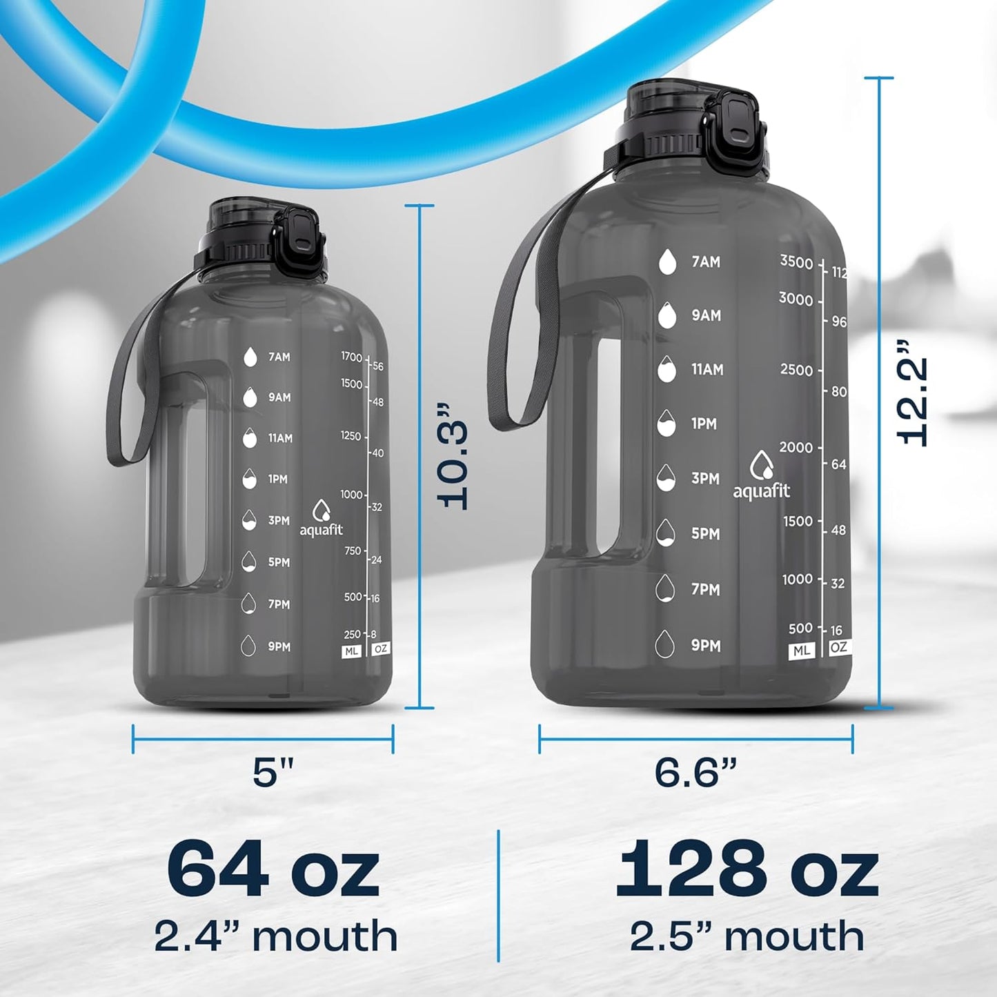 AQUAFIT 1 Gallon Water Bottle with Time Marker - Straw & Chug Lid - BPA Free Gym Water Bottle with Straw - Big Gallon Jug (Gray, 128 oz - 2in1 Lid)