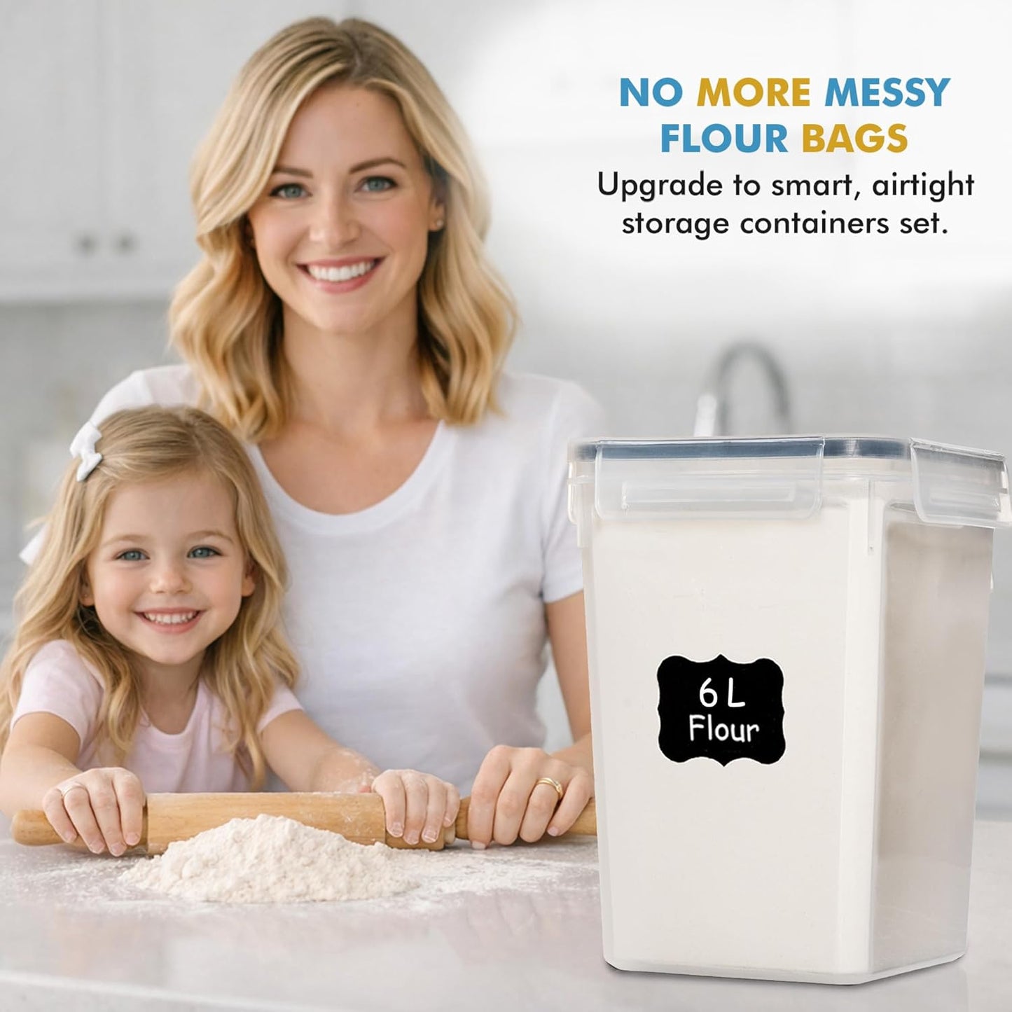 Shazo Flour Sugar Storage Containers Set of 3 (6L, 2.9L, 1.1L) Large Airtight Food Storage Containers with Lids, BPA-Free Plastic Container for Kitchen & Pantry Organizers, Cereal, Rice & Pasta