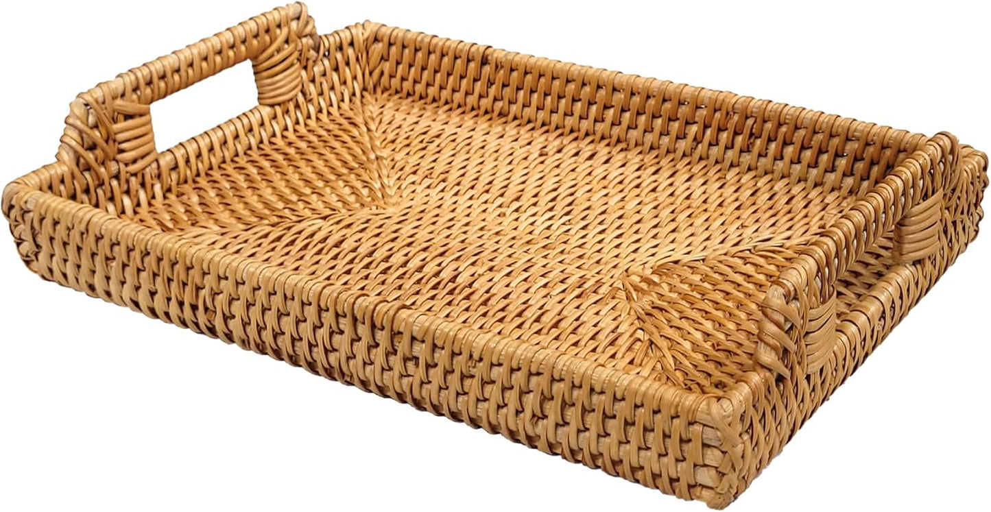 Rattan Serving Tray with Handles (11.4 x 16.9 x 2 in) – Handwoven Wicker Tray for Coffee Table, Breakfast, Ottoman & Home Decor, Natural Woven Tray