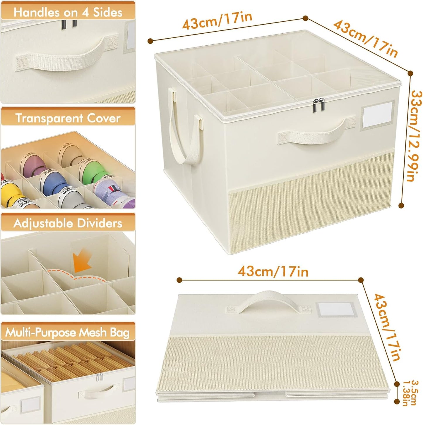2 Pack Shoe Organizer for Closet, Large Shoe Box Storage Containers, Foldable Shoe Storage Organizer Box Bin with Adjustable Dividers and Clear Cover, Space Saving Shoes Holder, Beige