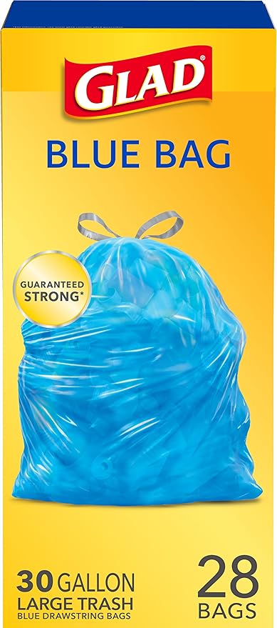 Glad 30 Gallon Garbage Bags, Large Drawstring Trash Bags, Blue, 28 Count (Pack of 1)