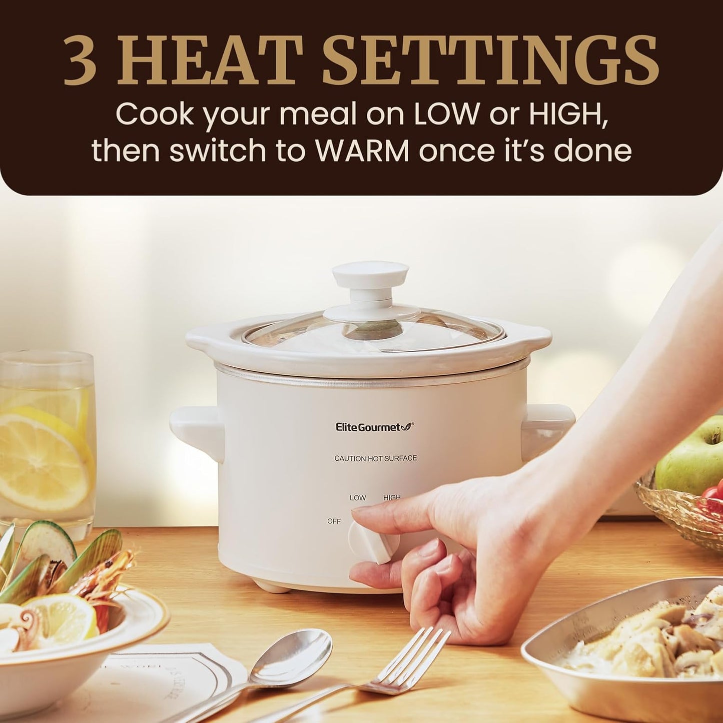 Elite Gourmet MST-250XW Electric Slow Cooker Ceramic Pot Adjustable Temp, Entrees, Sauces, Stews & Dips, Dishwasher Safe Glass Lid & Crock