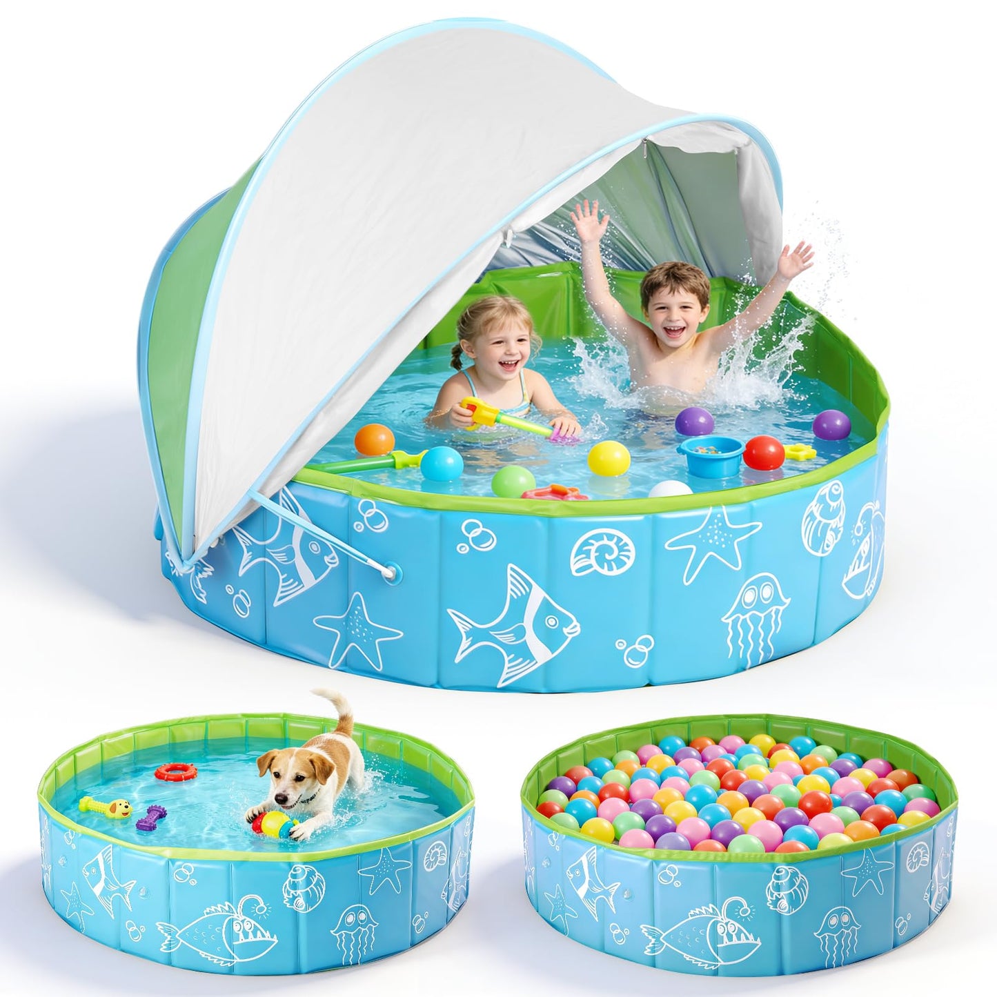 47.3" Foldable Baby Pool with Canopy, Hard Plastic Pool Suitable for Kids Toddler Kiddie, Designed for Use in Backyard, Beach, Park, Blue and Green(No Sprayer)