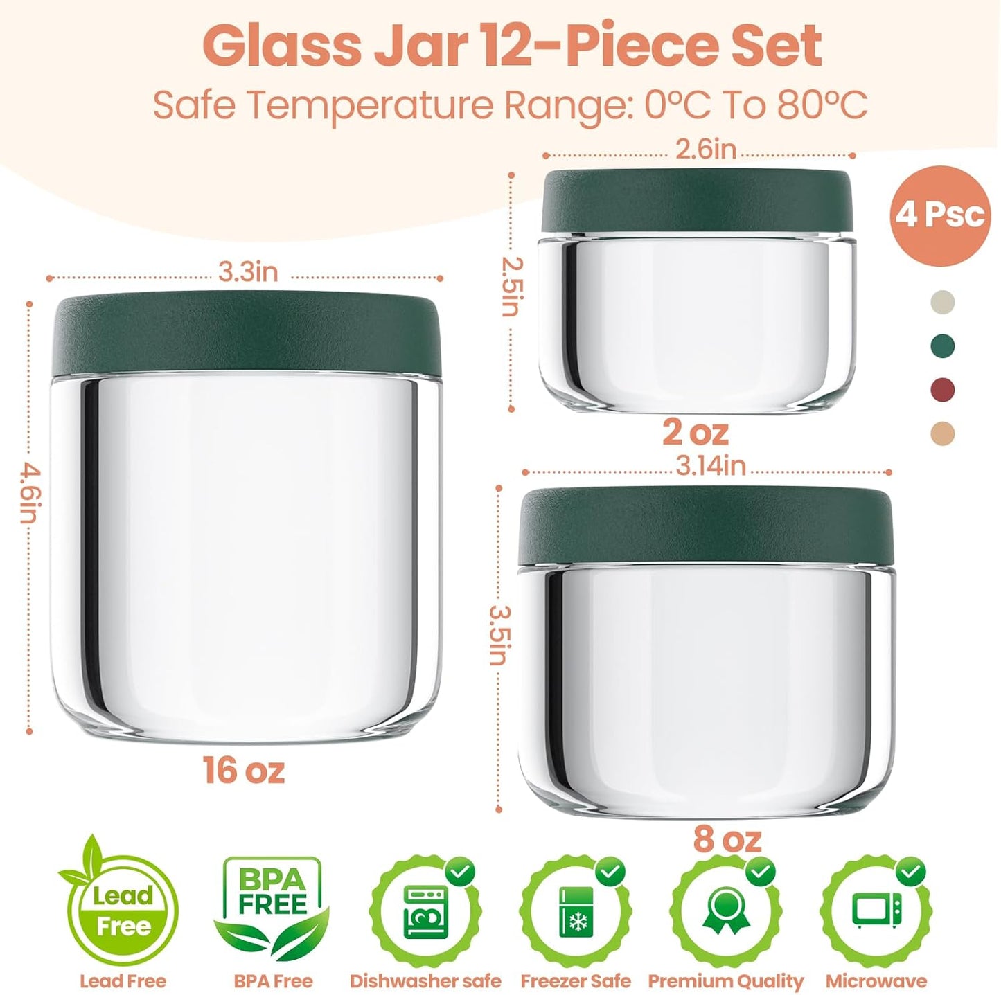 12Pack Overnight Oats Containers with Lids, 16oz, 8oz & 4oz Glass Jars with Airtight Lids, Wide mouth Mason Salad jars, Glass Food Storage Containers for Yogurt Chia Pudding Snacks Cereal & Spices