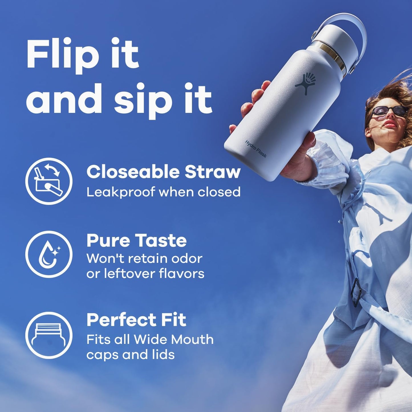 Hydro Flask Water Bottle - Insulated Stainless Steel - Wide Straw Lid, Non Spill, Leakproof in 32 Oz Black