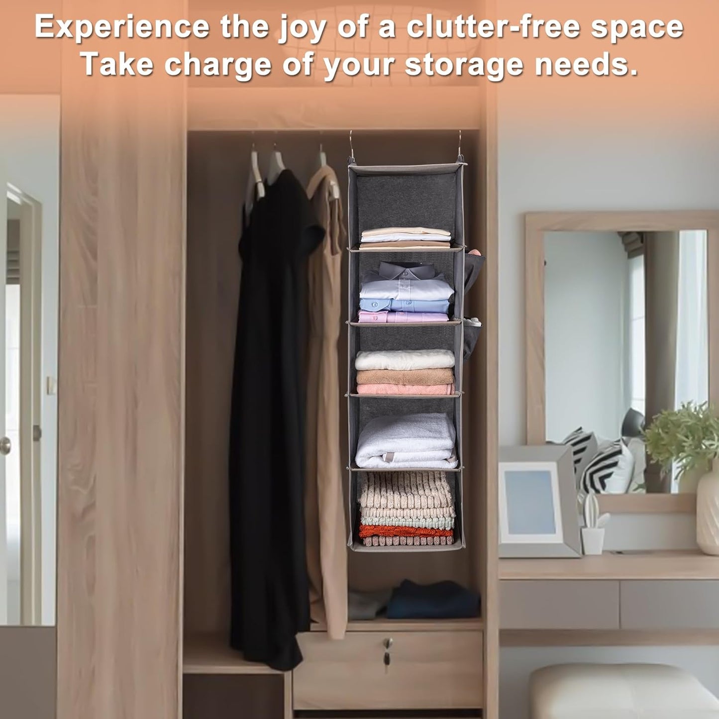 BOOMIBOO Hanging Closet Organize and Shelves,5-Hanging Shelf with 2 Side Pockets,Storage Foldable (Grey)