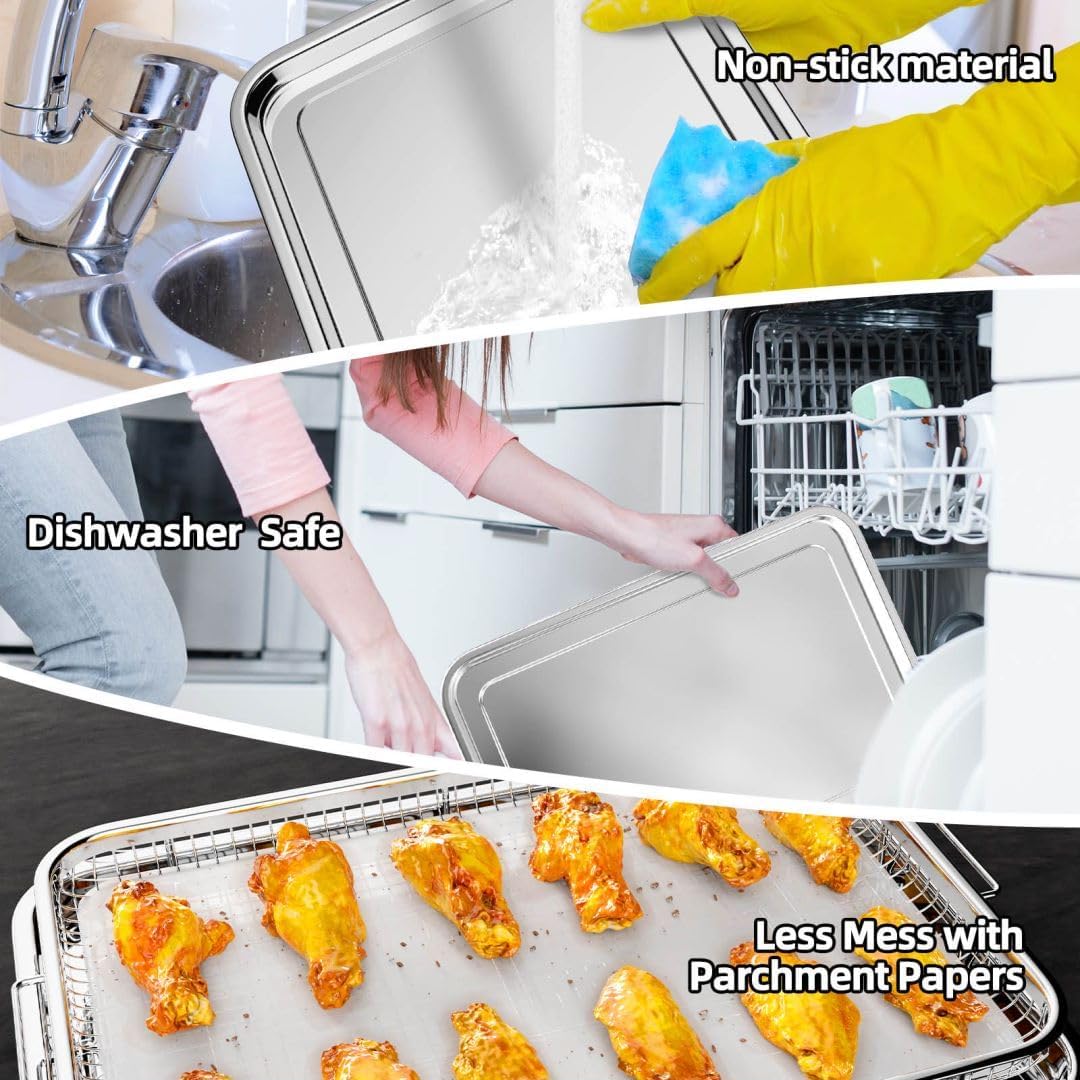 Air Fryer Basket for Oven, Extra Large 18.8" x 12.8" Oven Air Fryer Basket and Tray Set with 30 PCS Parchment Papers, Stainless Steel Air Fryer Pan and Crisper Tray (Silver)