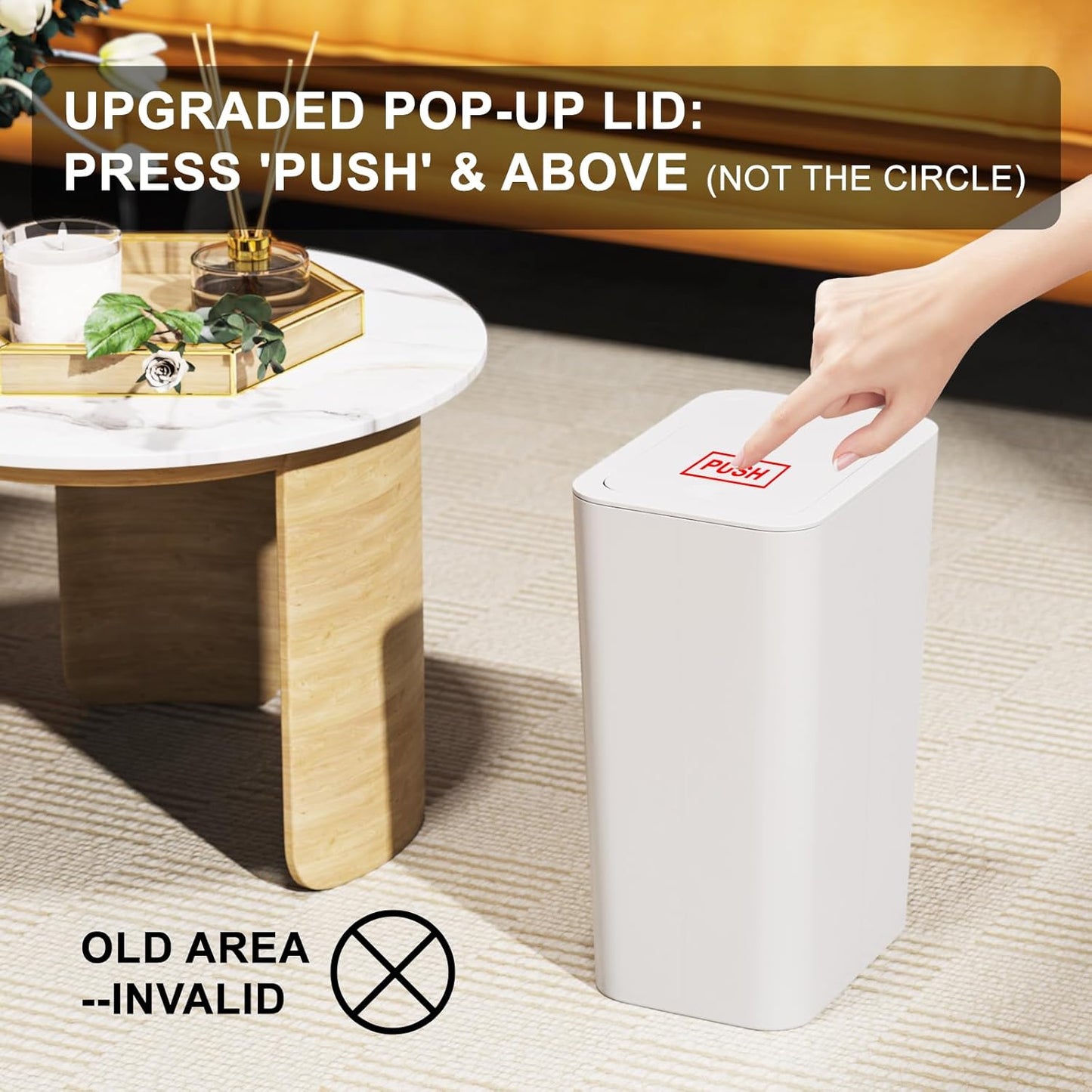 N. NETDOT 3 Pack 10L / 2.6 Gallon Small Trash Can with Lid, Bathroom Garbage Can with Pop-Up Lid, Waste Basket for Bathroom, Kitchen, Bedroom, Powder Room, Craft Room, Office, College (Off White)