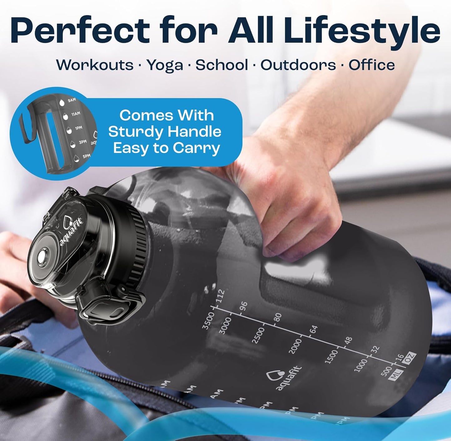 AQUAFIT 1 Gallon Water Bottle with Time Marker - Straw & Chug Lid - BPA Free Gym Water Bottle with Straw - Big Gallon Jug (Gray, 128 oz - 2in1 Lid)