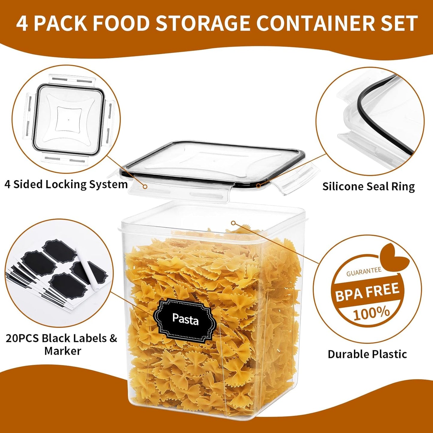 4 Pack Large Airtight Food Storage Containers with Lids (5.2L / 176oz), BPA Free Plastic Kitchen and Pantry Organization Contianers for Cereal Flour and Sugar Storage, Labels & Marker