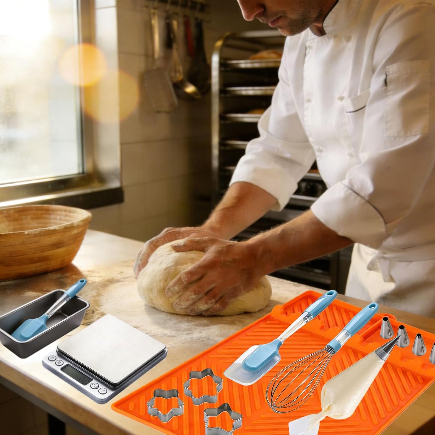 Silicone Tools Mat for Griddle Kitchen Cooking Baking Countertop-Side Shelf Spatula Mat with Drip Pad for Blackstone Weber Traeger Pit Boss Flat Top Grill Smoker- BBQ Accessories Gifts for Men(Orange)