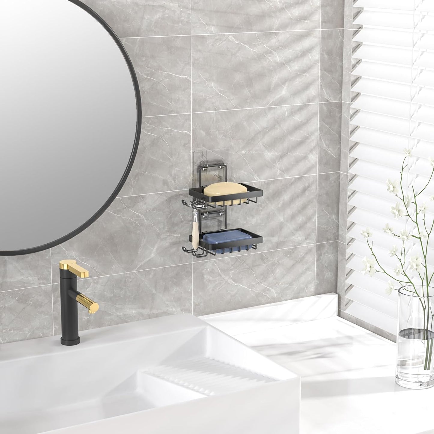 Moforoco Double Soap Bar Holder for Shower, No Drilling, 304 Stainless Steel, Wall Mounted Soap Holder with 4 Hooks and Razor Holder, Shower Rack Soap Tray Bar Soap for Bathroom Accessories Organizer