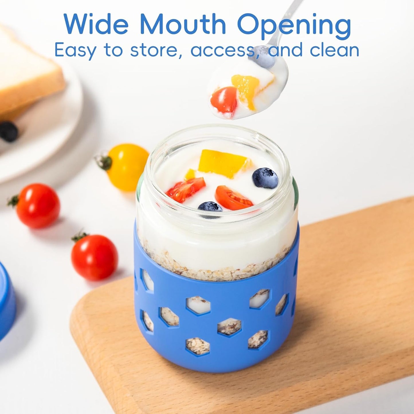 Gemice 6-Pack 16 oz Overnight Oats Containers with Lids and Silicone Sleeves, Glass Mason Jars with Airtight Lid, Dishwasher Safe, Wide Mouth Chia Seed Pudding Meal Prep Jar for Yogurt Berries Snack