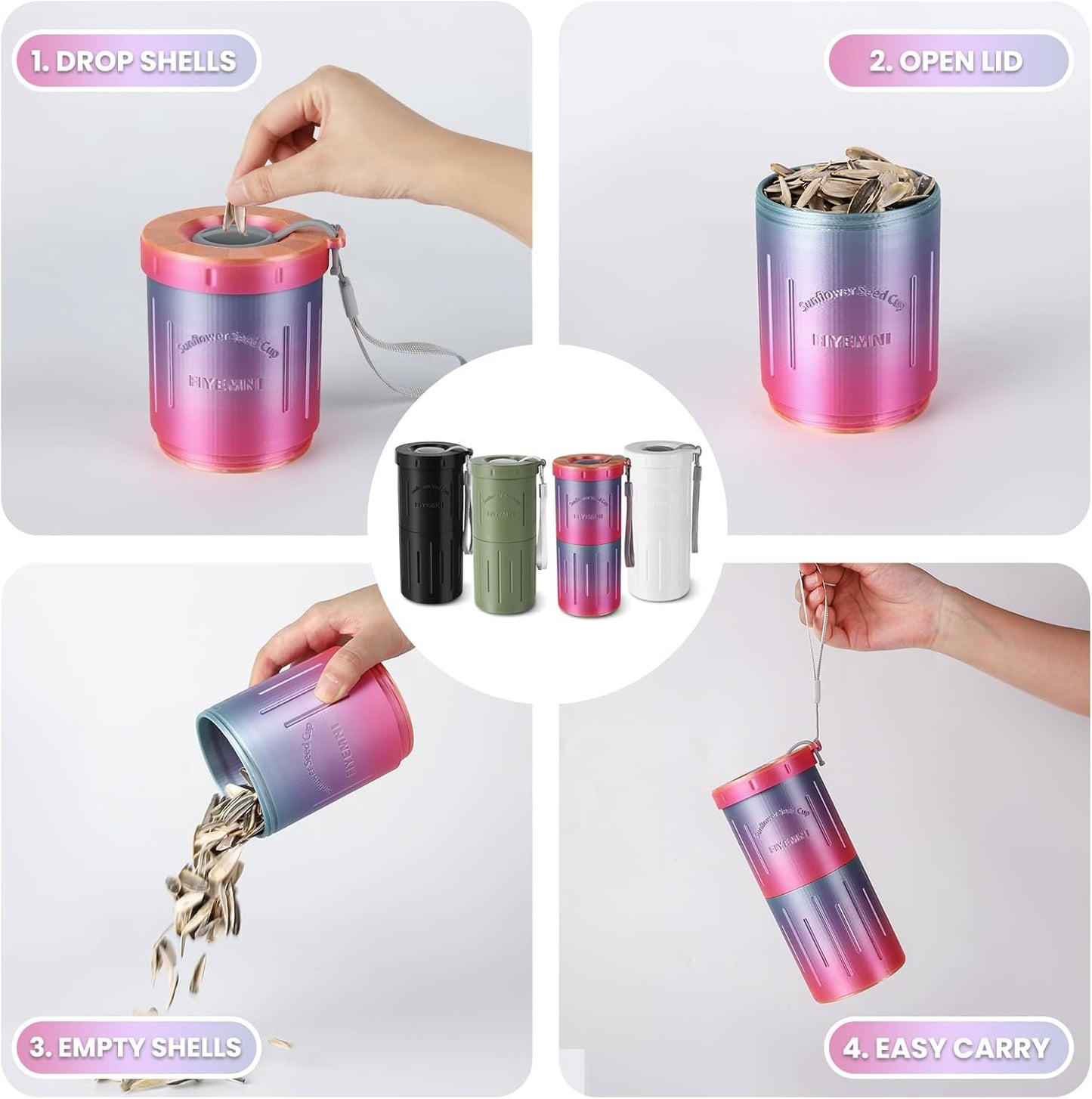 Sunflower Seed Spit Cup, with Seed Storage & Shell Disposal. 3D Printed Portable Pistachios Snack Nut Bowl Cup for in-Car, Road Trip & Ball Games. Seed Lovers Gift (Black)