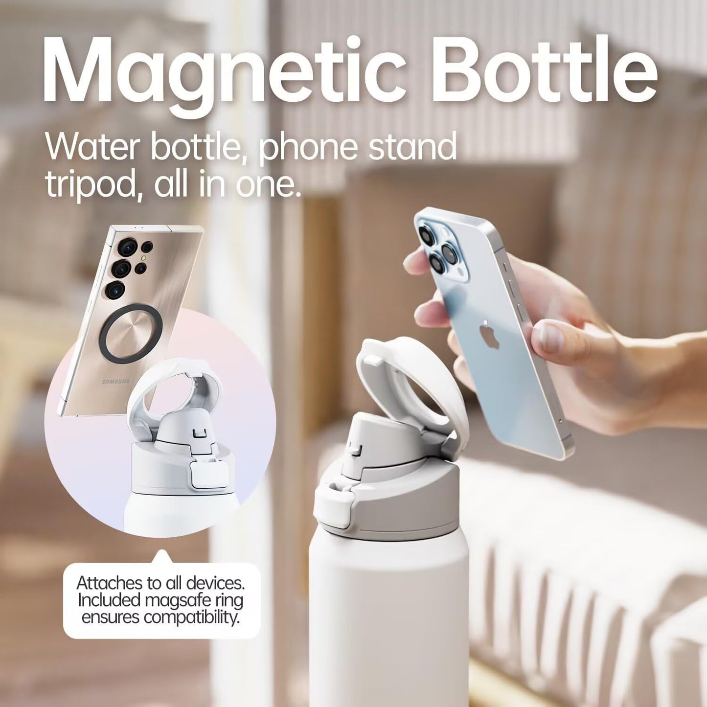 Insulated Magnetic Water Bottle - Reusable Stainless Steel Bottle with MagSafe Compatible Phone Holder - Keeps Cold for 24 Hours - Perfect for Gym, Sports, and Travel - White 24oz