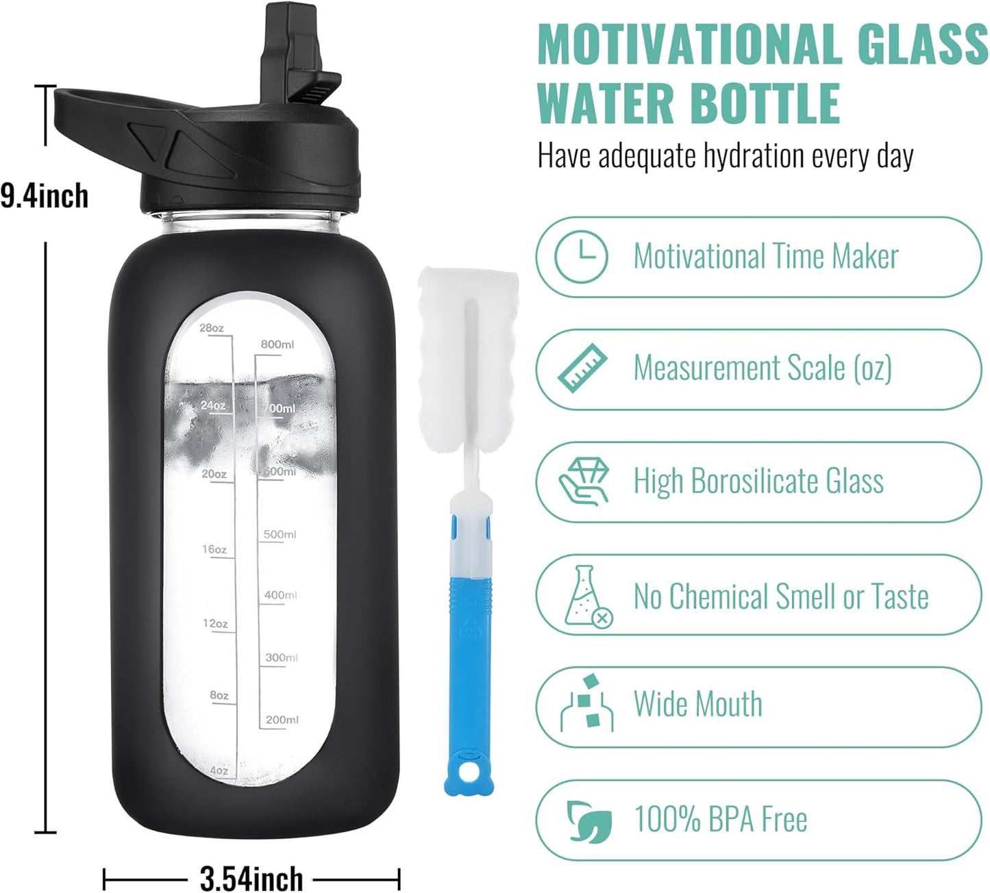 CIVAGO 32 oz Glass Water Bottle with Straw and Handle, Large Sports Motivational Water Bottle Flask with Time Marker and 2 Lids, Leakproof Water Jug Canteen with Silicone Sleeve for Gym,Black