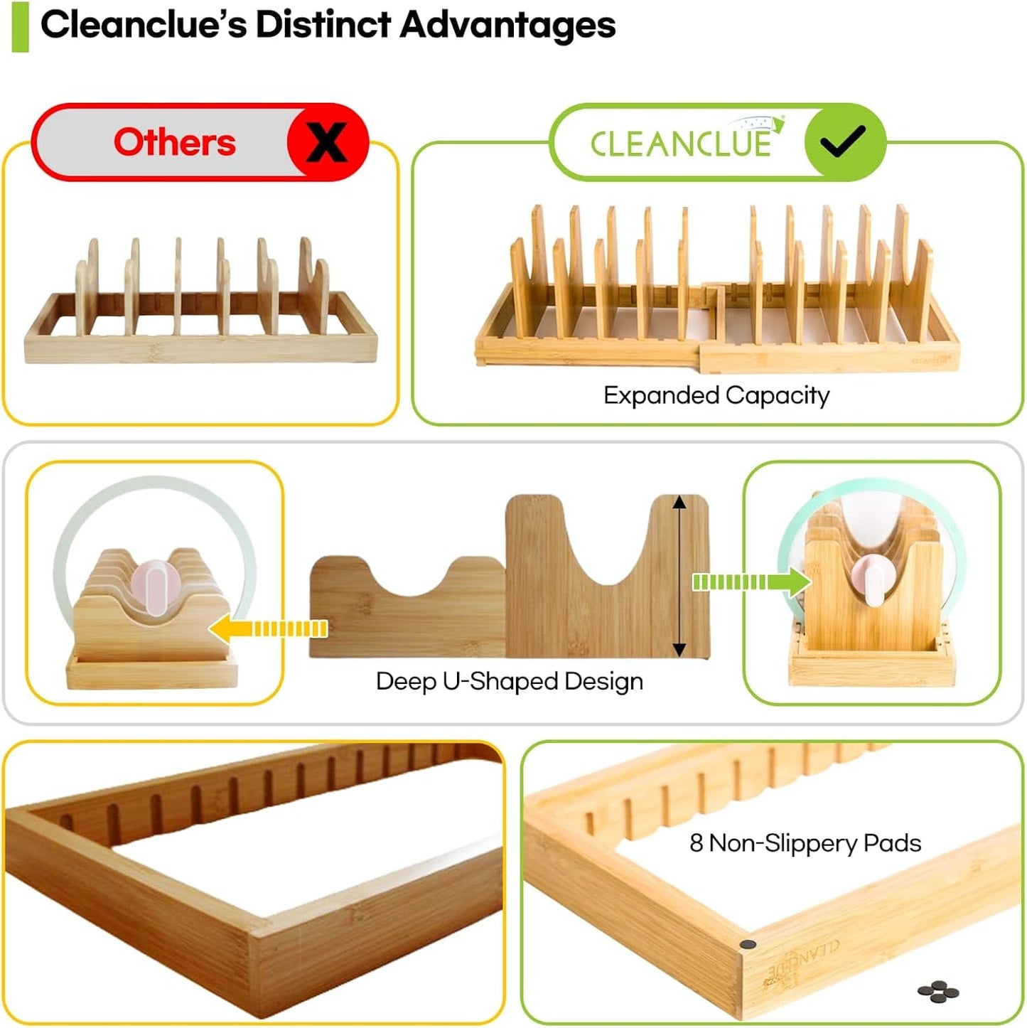 Pots and Pans Organizer under Cabinet, Bamboo Expandable Bakeware and Cutting Board Organizers, Adjustable Pot Lids Holder Rack, Cookie Sheet Baking Pan, Tray Organizer for Kitchen Storage (Natural)