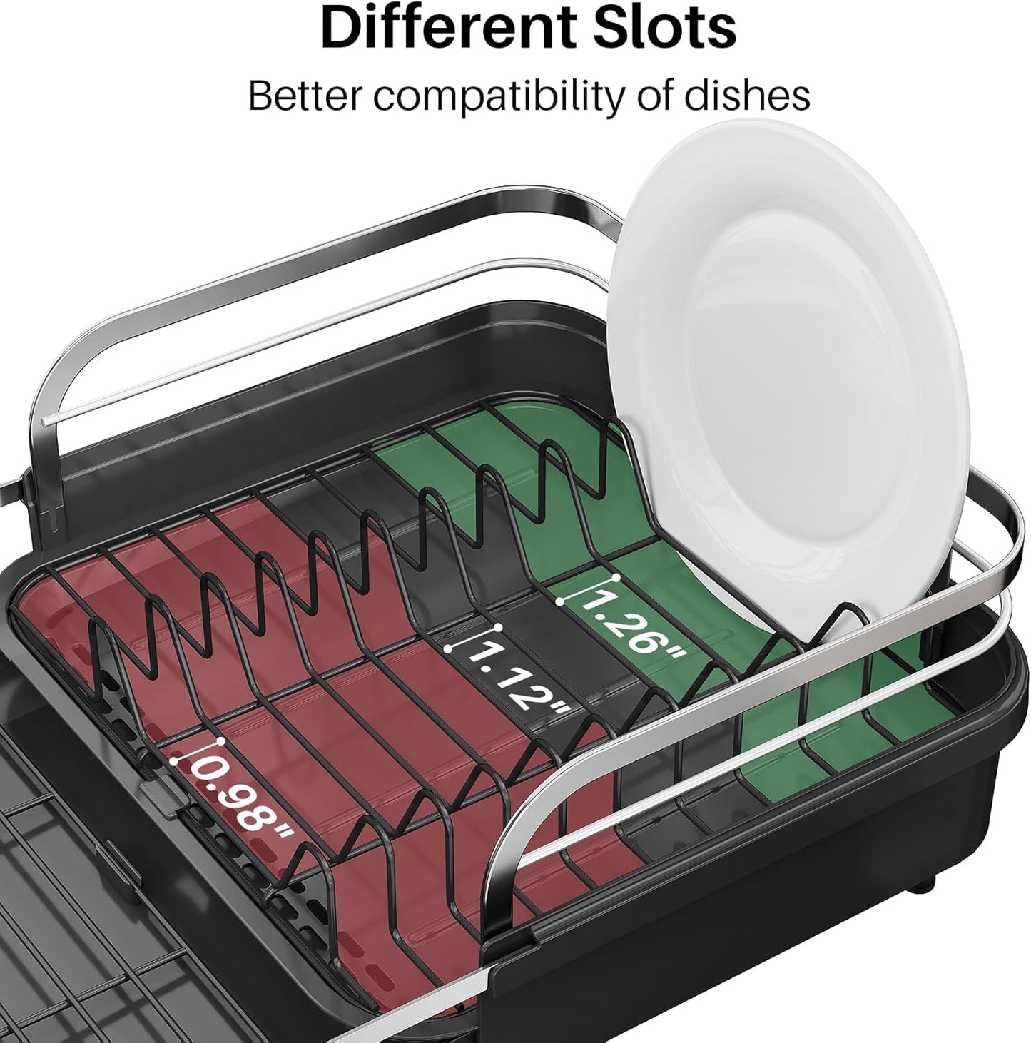 SNTD Dish Drying Rack, Expandable Dish Rack for Kitchen Counter, Stainless Steel Dish Drainer with Drainboard Set and Utensil Holder (Black)