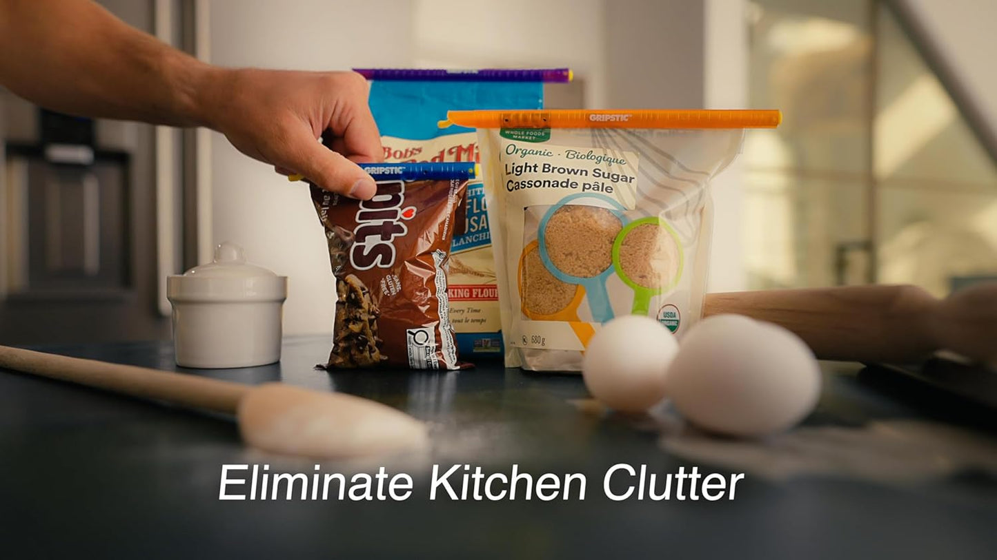 GripStic Bag Clips. 12pc Durable Food Clip Set For Kitchen Storage. Reusable Chip Bag Clips. Color Coded Bag Closure Sticks Provide Air Tight Seal. Chip Clips Reinvented.