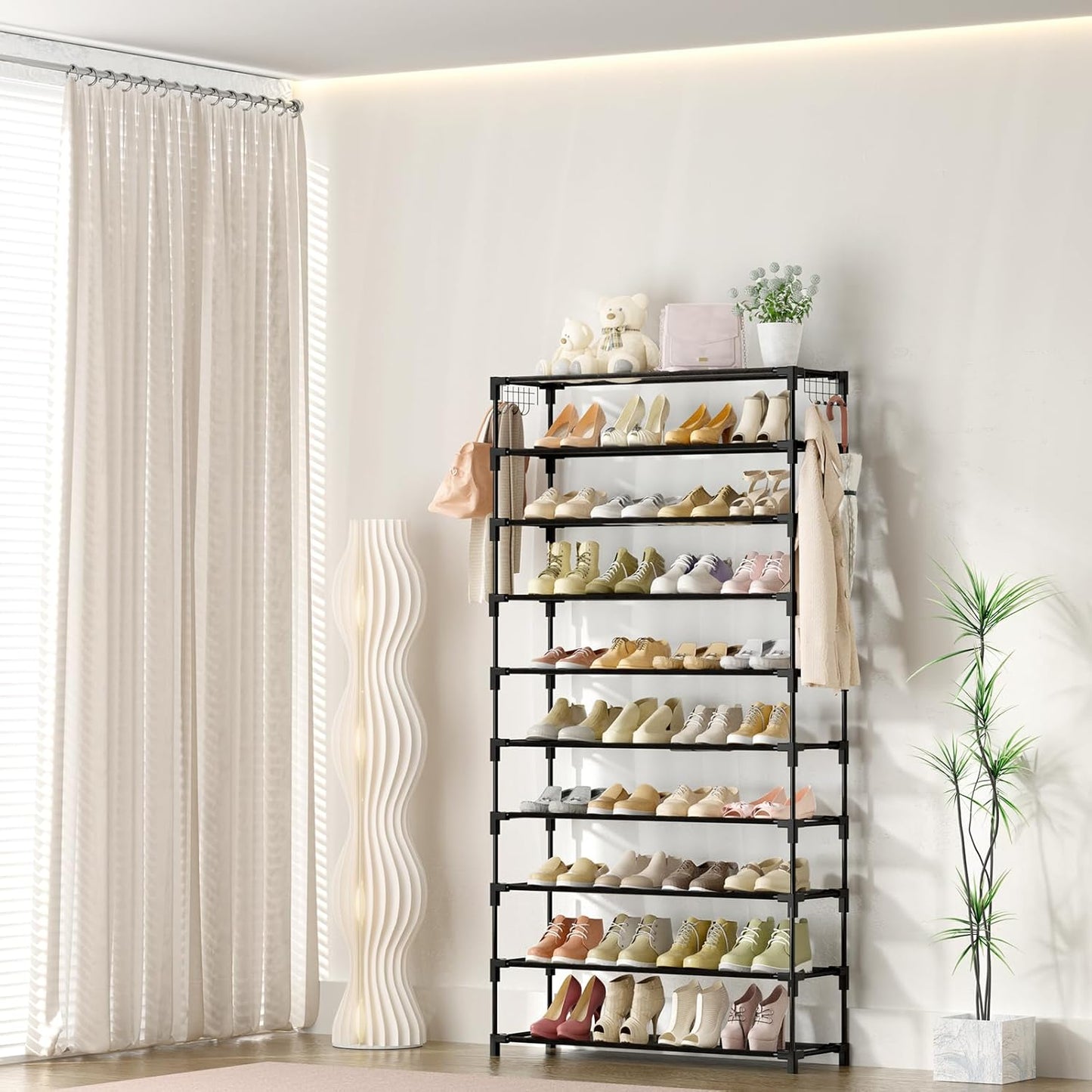10 Tiers Shoe Rack 50 Pairs Large Capacity Tall Shoe Organizer Sturdy Shoe Storage with Two Hooks Space Saving Metal Wide Shoe Rack for Closet, Entryway, Bedroom, Black