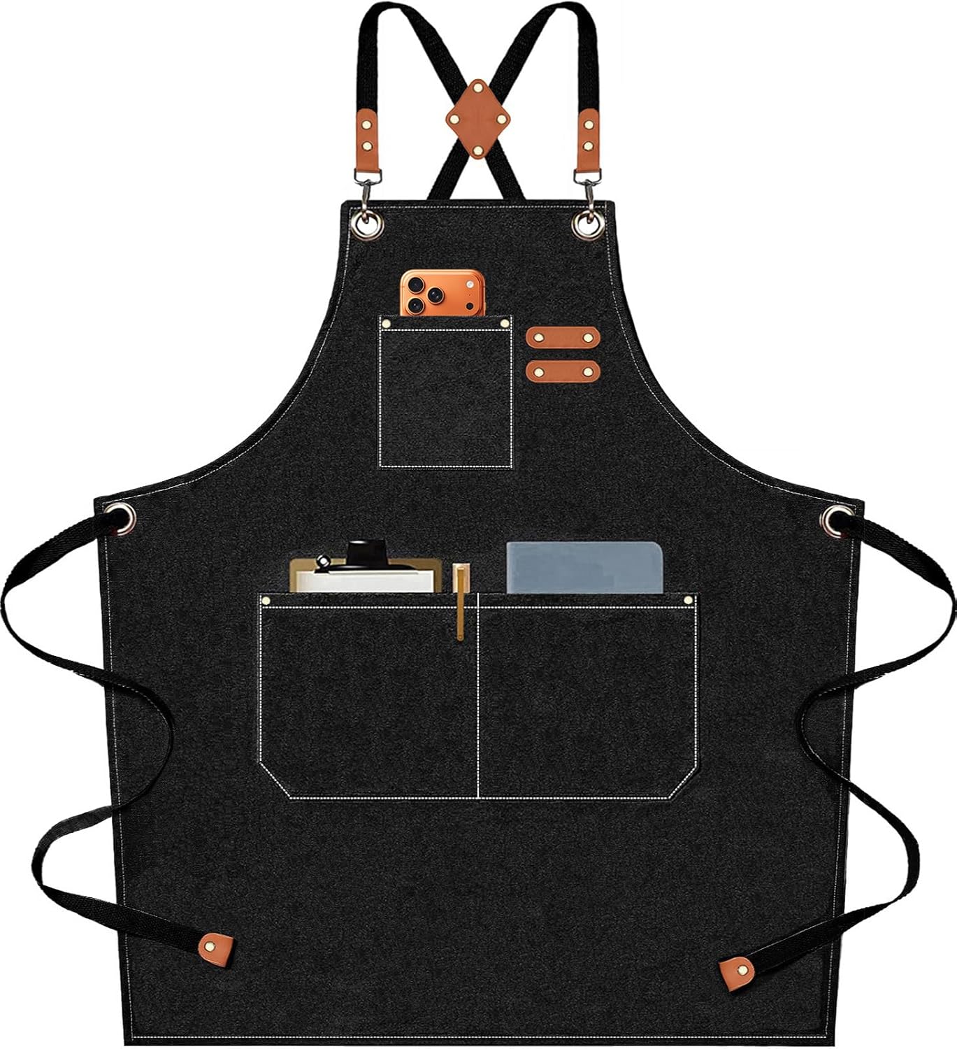 AFUN Chef Aprons for Men Women with Oversized Pockets, 16-Ounce Cotton Canvas Cross Back Heavy Duty Work Apron (Black)