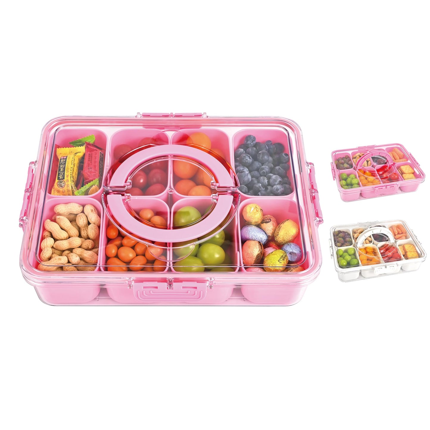 Snackle Box Container, 8 Compartment Divided Serving Tray with Lid and Handle, Snack Box Container for Candy, Fruit and Snacks, Great for Gatherings, Outings, Parties and Entertaining(Pink)