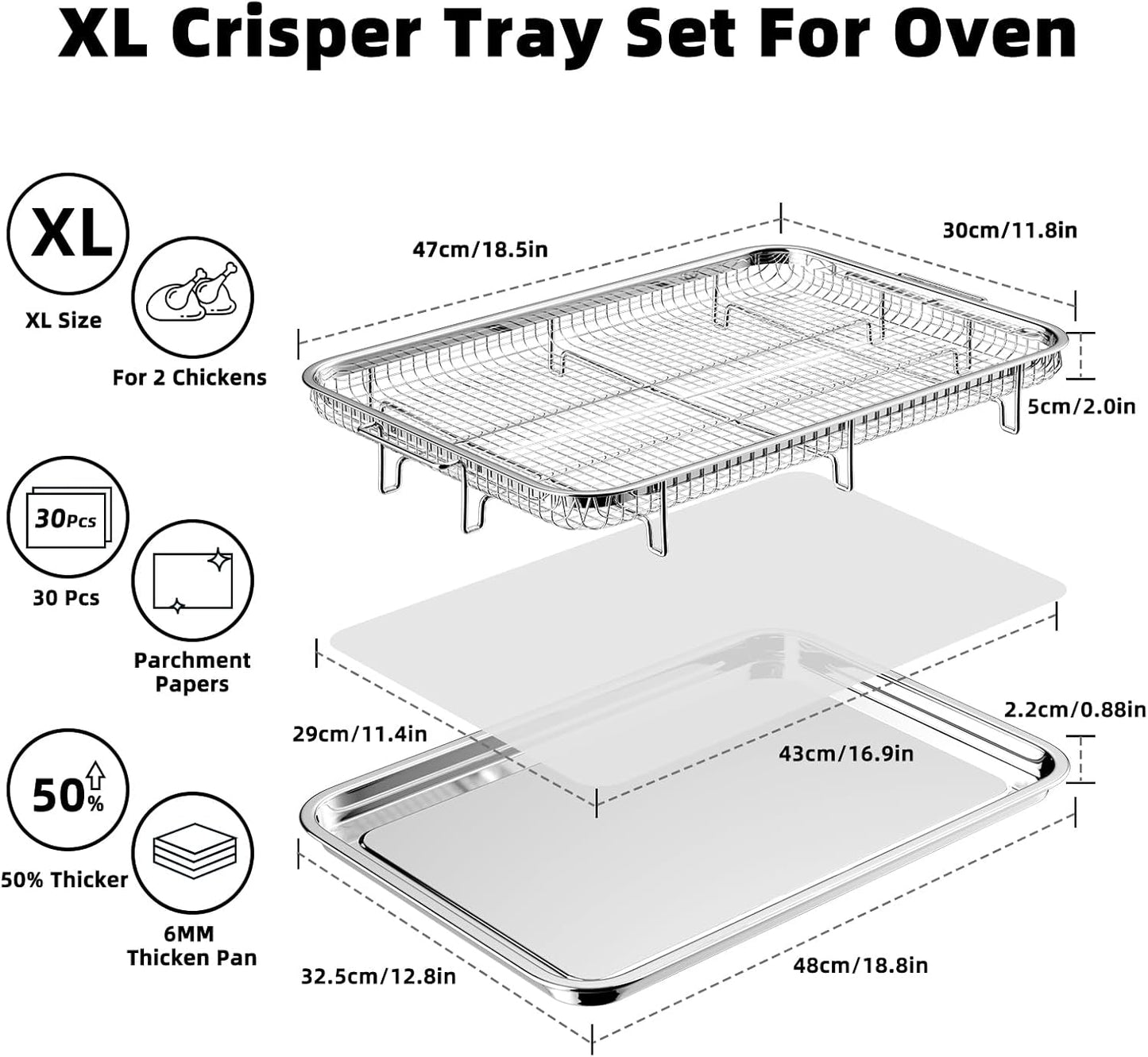 Air Fryer Basket for Oven, Extra Large 18.8" x 12.8" Oven Air Fryer Basket and Tray Set with 30 PCS Parchment Papers, Stainless Steel Air Fryer Pan and Crisper Tray (Silver)