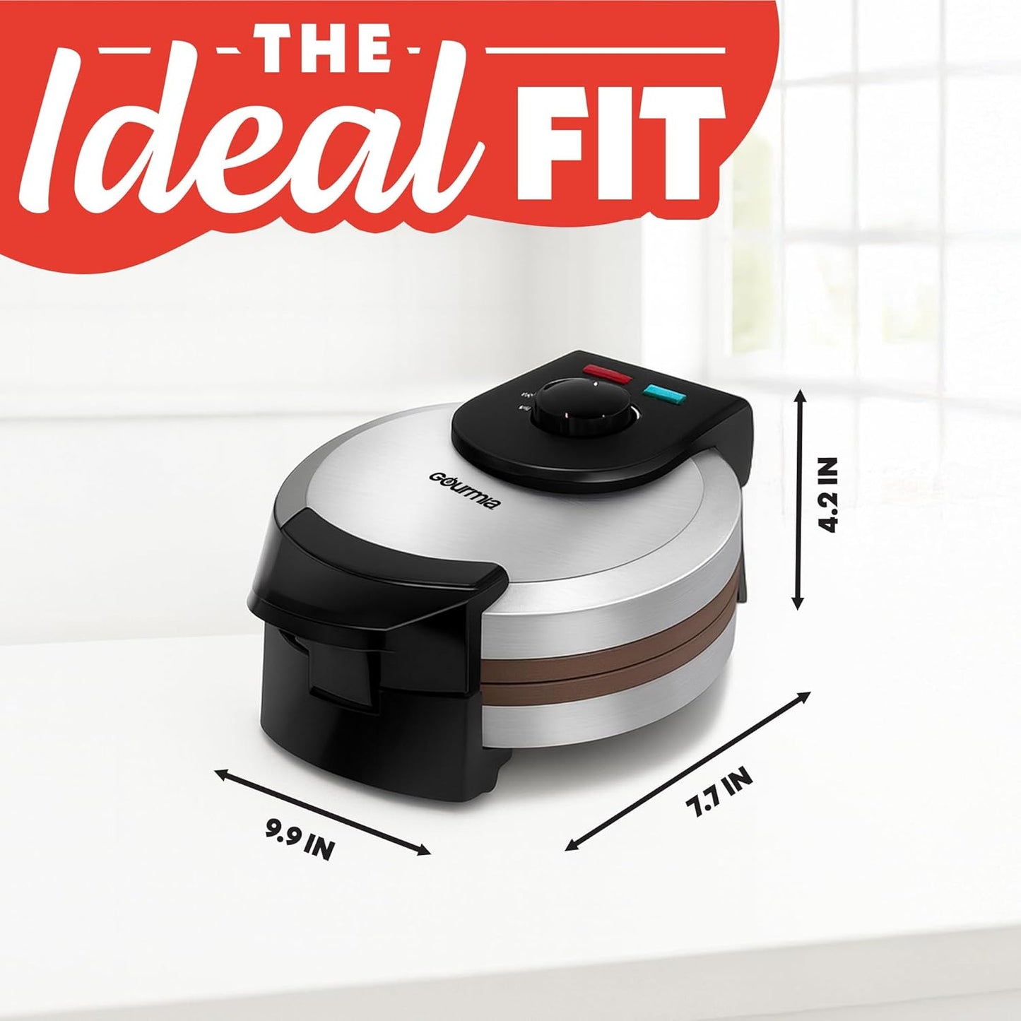 Gourmia Belgian Waffle Maker – Compact Design with Upright Storage, Adjustable Browning, and Easy-Clean Nonstick Ceramic Plates, Stainless Steel