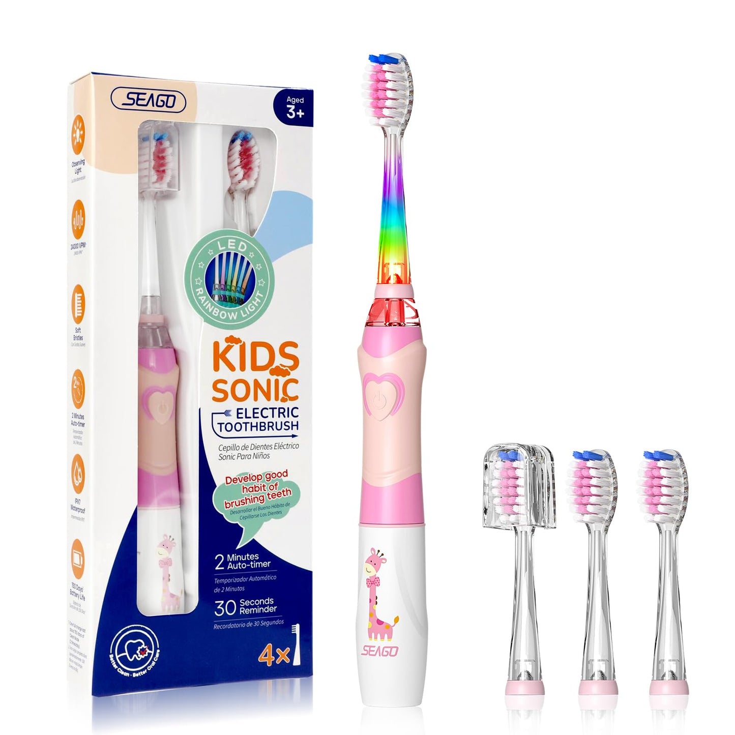 SEAGO Kids Electric Toothbrush with 2 Mins Brushing Timer and 4 Replacement Brush Heads, Rainbow LED Light Makes Brushing Fun, Boys Battery Powered Toothbrush for 4-12 Years Old,SG-977(Pink)