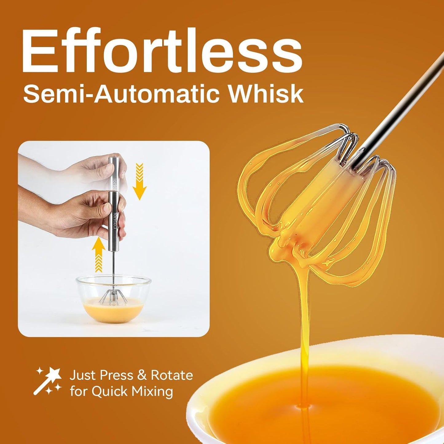 Stainless Steel Semi-Automatic Whisk, 2024 New Stainless Steel Egg Whisk Hand Push Rotary Whisk Blender, Hand Push Mixer Stirrer Tool for Cooking Kitchen Home Egg Milk (10in)