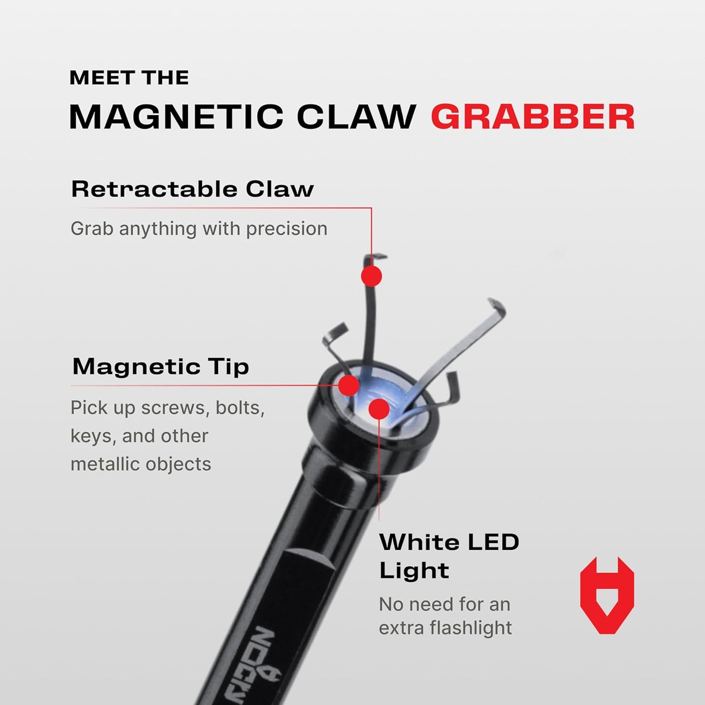 NoCry Magnetic Flexible Claw Grabber Pickup Tool with Bright LED Light - 27.7in Long Magnetic Pickup Tool, Retractable Claw Grabbing Tool, Magnetic Grabber Tool with 5lb Pull Strength Pick Up Tool