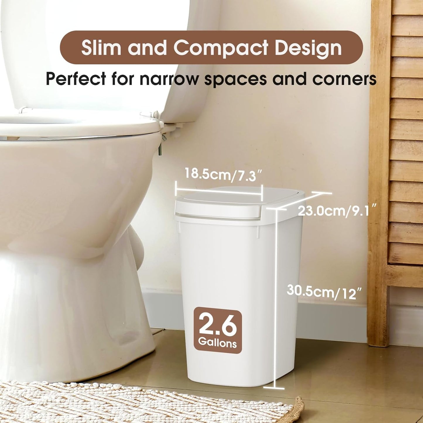 CEROELDA 3 Pack Bathroom Trash Can with Lid, 10L/2.6 Gal Small Garbage Can with Press Top Lid, Slim Plastic Waste Basket for Toilet, Office, Bedroom (Muti 1)