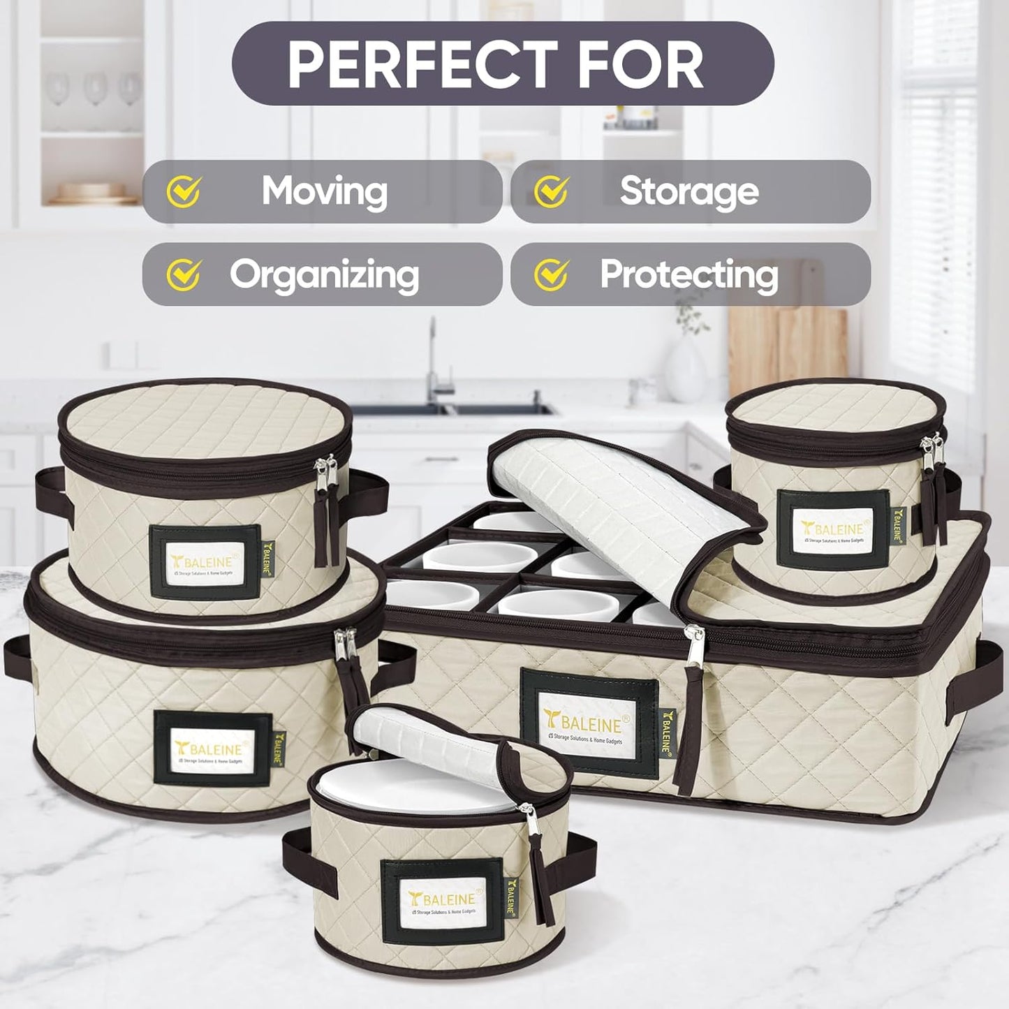 BALEINE China Storage Containers, Sturdy Quilted Wine Glass Storage, Plate Organizer with Carry Handles, Moving Boxes for Dishes, Cups, Mugs and Stemware (Plate Mug Combo, Soft Shell Cream