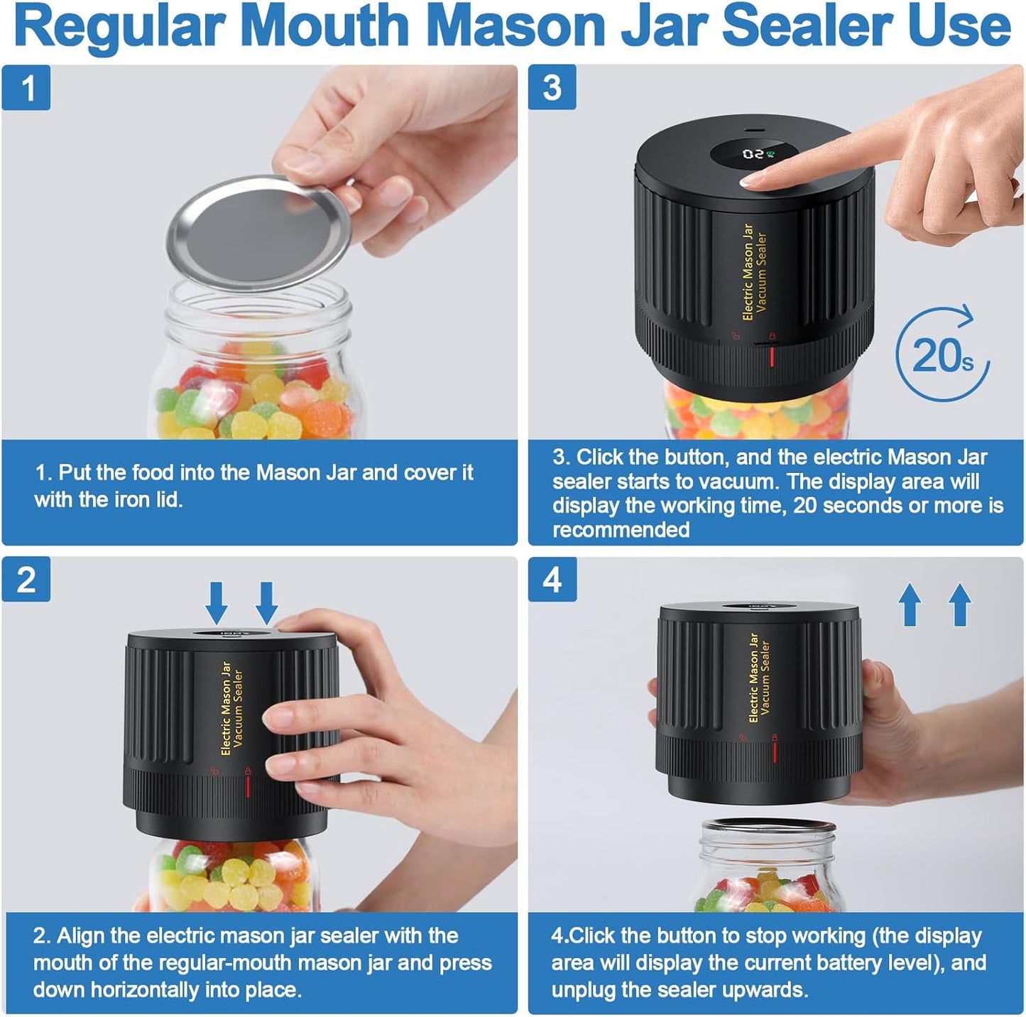 Electric Mason Jar Vacuum Sealer Kit for Wide Mouth and Regular Mouth Mason Jars