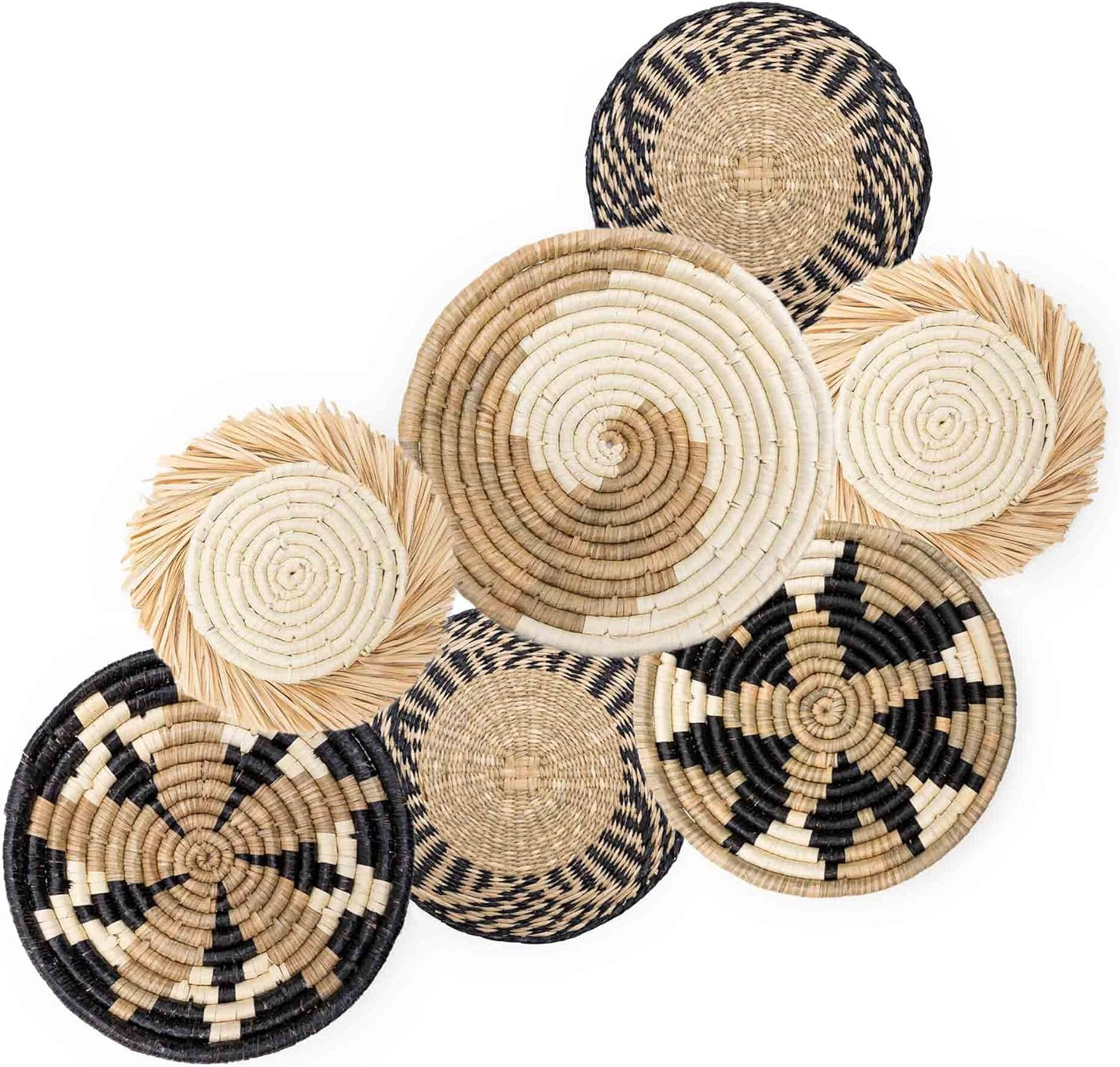 Hanging Woven Wall Basket Set - 7 Unique Handcrafted Seagrass Baskets for Boho, Farmhouse & Rustic Wall Decor, Table Settings & More - Ready to Hang with Nails & Marking Pencil Included