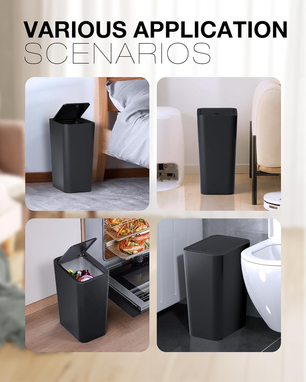 Bathroom Trash Can with Lid, 2 Pack 4 Gallons/15 Liters Garbage Can with Pop-Up Lid, Small Plastic Trash Can, Slim Trash Bin Waste Basket for Bathroom, Bedroom, Office, Living Room(Black)