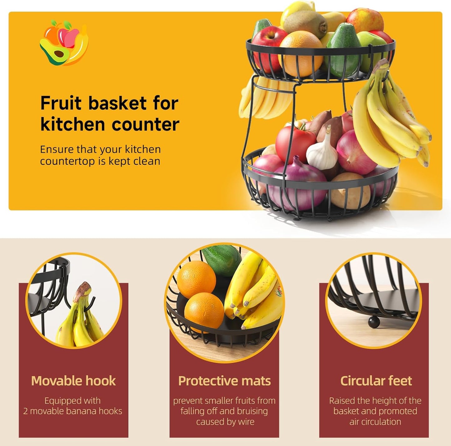 Sevenblue 2 Tier Large Fruit Basket for Kitchen Counter with 2 Banana Hangers, Metal Stackable Fruit Bowl for Kitchen Counter for Bread Vegetable Fruits, Black