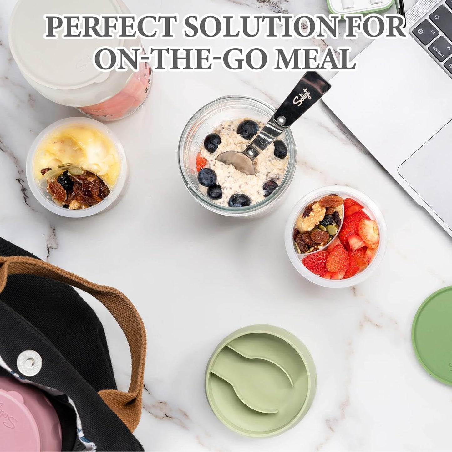 SOLIGT 2 Pack Overnight Oats Containers with Lids, Folding Spoons and Divided Compartments for Fruit & Nuts, Small Glass 16oz Mason Jars for Oatmeal Yogurt Parfait (2 Set-Oat White/Oat White)