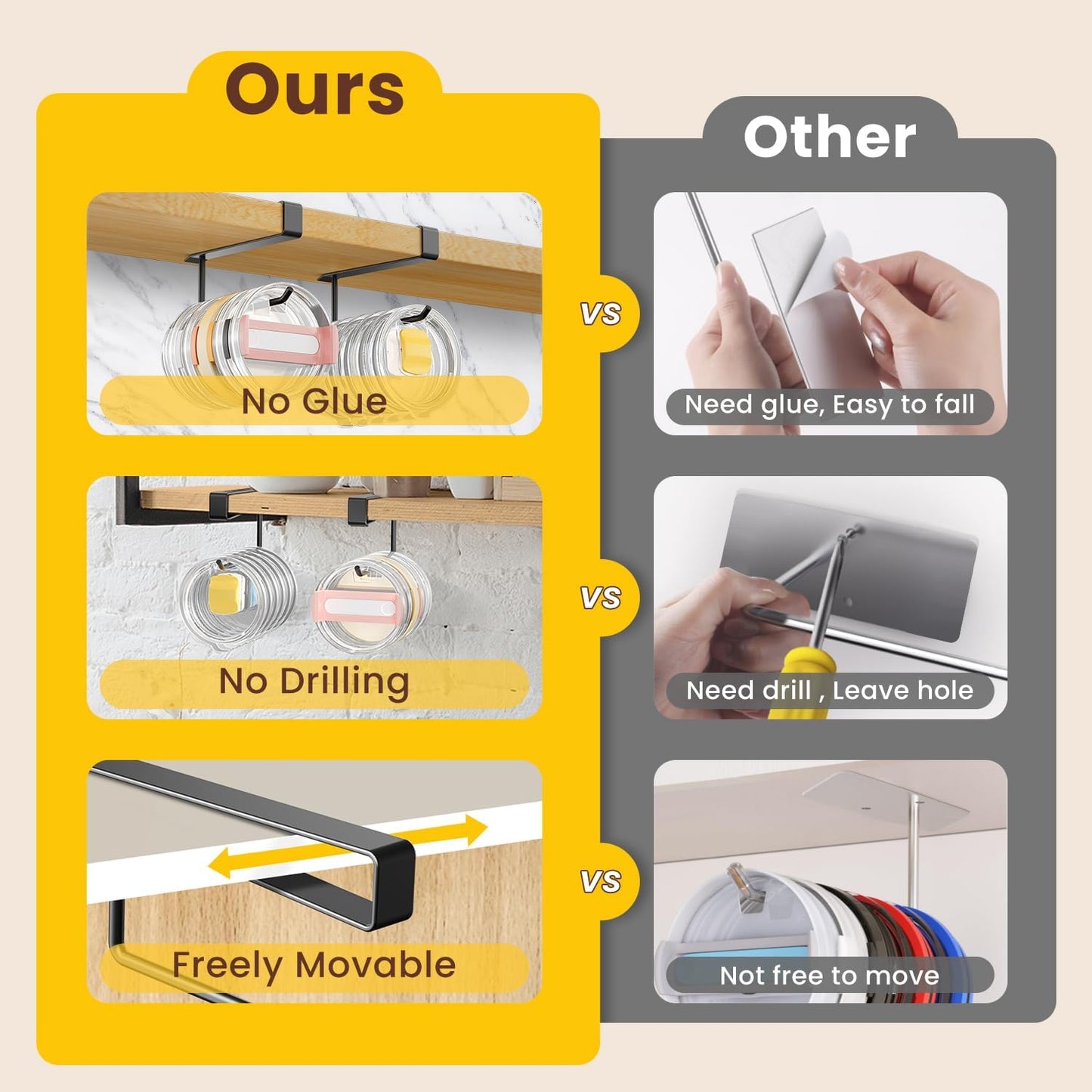 2 Pack Tumbler Lid Organizer, Under Cabinet Cup Lid Holder for Yeti Insulated Mug/Stanley Insulated Mug/Simple Modern Insulated Mug Lid, No Gluing, No Drilling, Up to 10 Lids (Black)