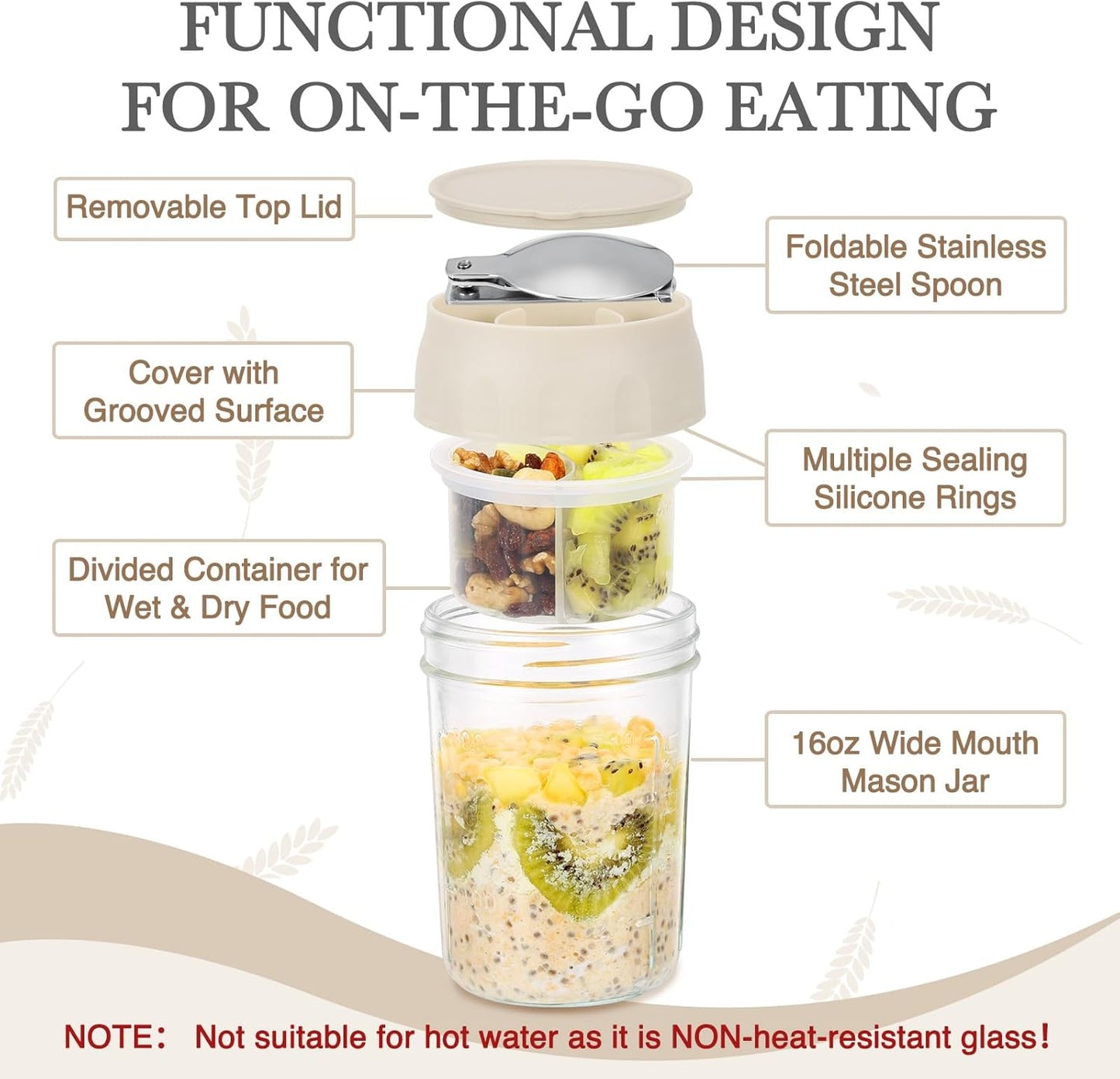 SOLIGT 2 Pack Overnight Oats Containers with Lids, Folding Spoons and Divided Compartments for Fruit & Nuts, Small Glass 16oz Mason Jars for Oatmeal Yogurt Parfait (2 Set-Oat White/Oat White)