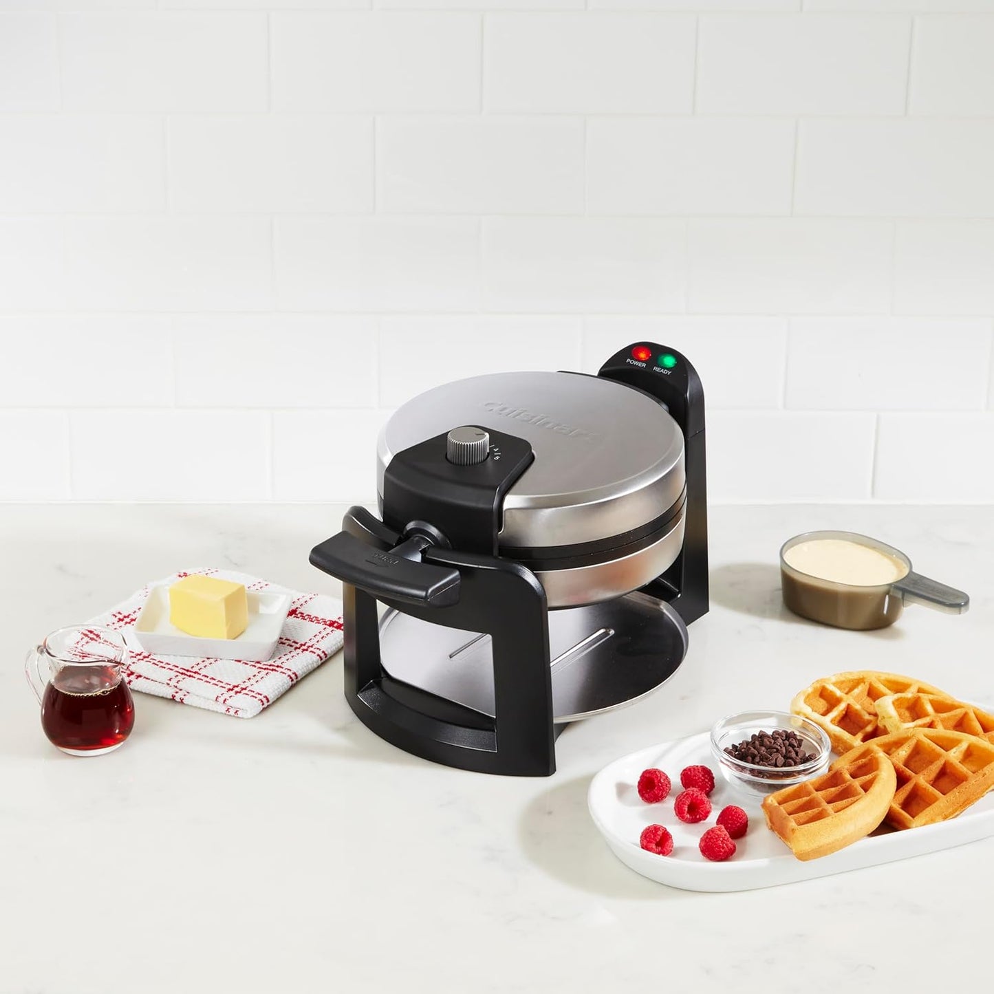Cuisinart Round Flip Belgian Waffle Maker, Black/Silver, 1 inch thick, WAF-F30NAS