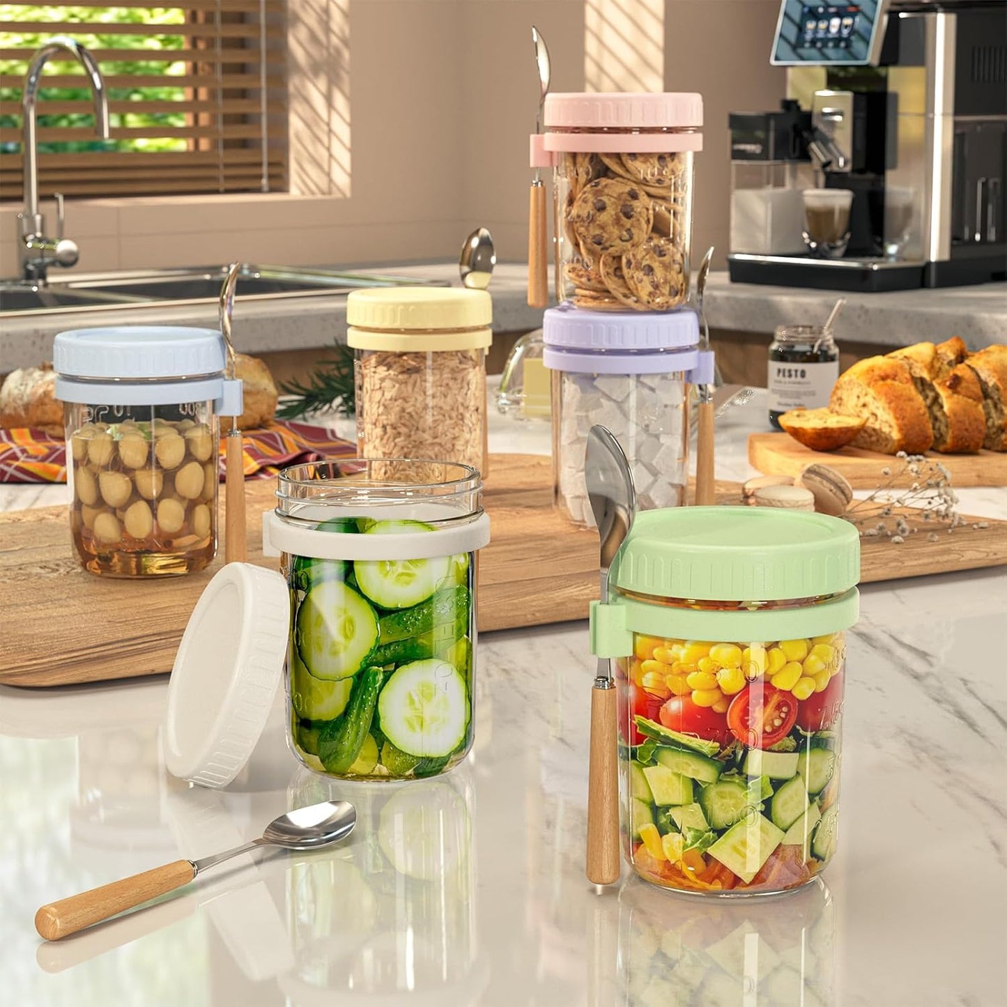 16oz Overnight Oats Containers with Lids and Spoons, 6 Pack Wide Mouth Mason Jars with Airtight Lids, Overnight Oats Jars for Salad, Chia Seed, Cereal, Yogurt