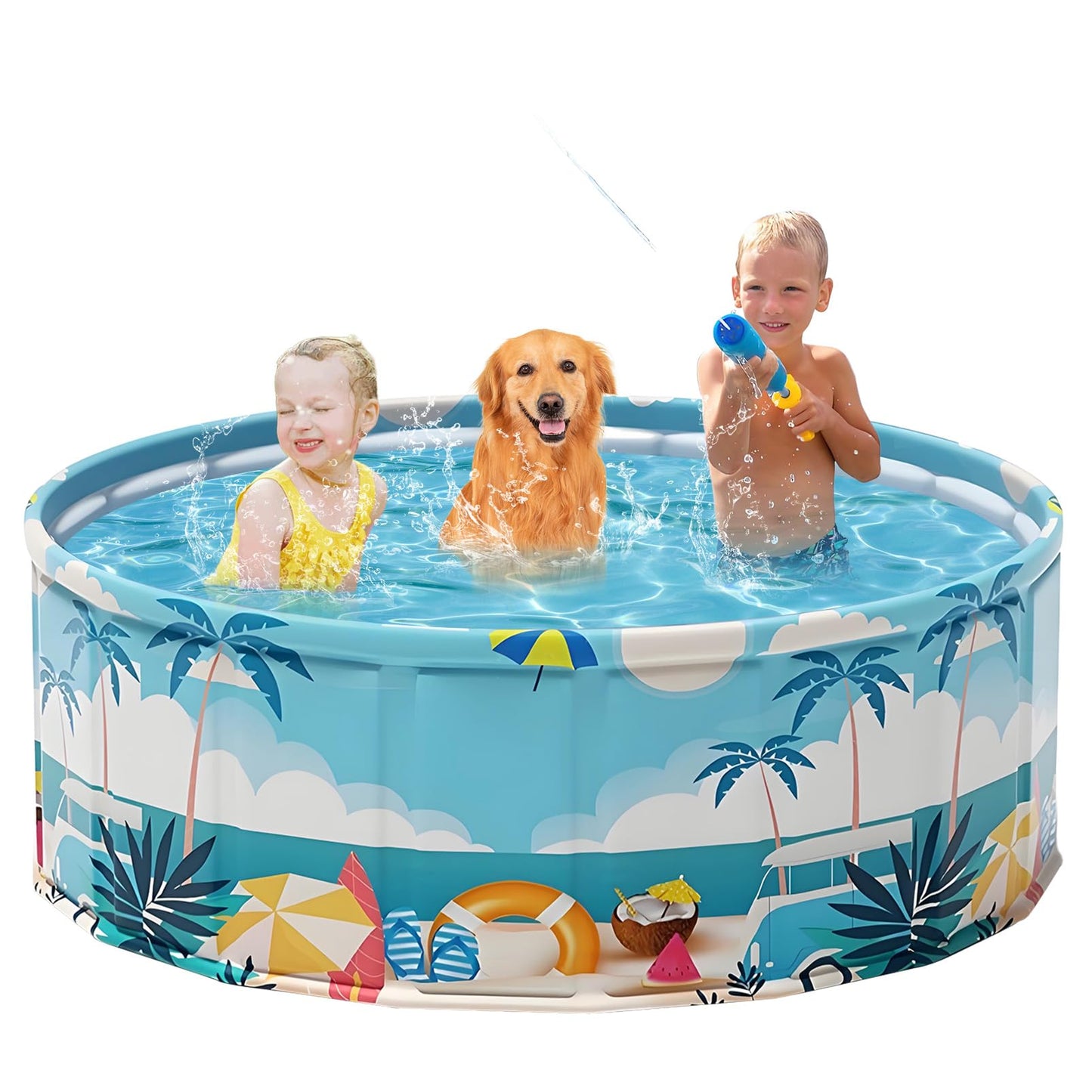 Foldable Swimming Pool for Kids 62.9"x17.7" Hard Plastic Portable Dog Pool Anti-Slip Collapsible Pets Bathtub Kiddie Pool Indoor Outdoor Backyard (Beach Party 63'')
