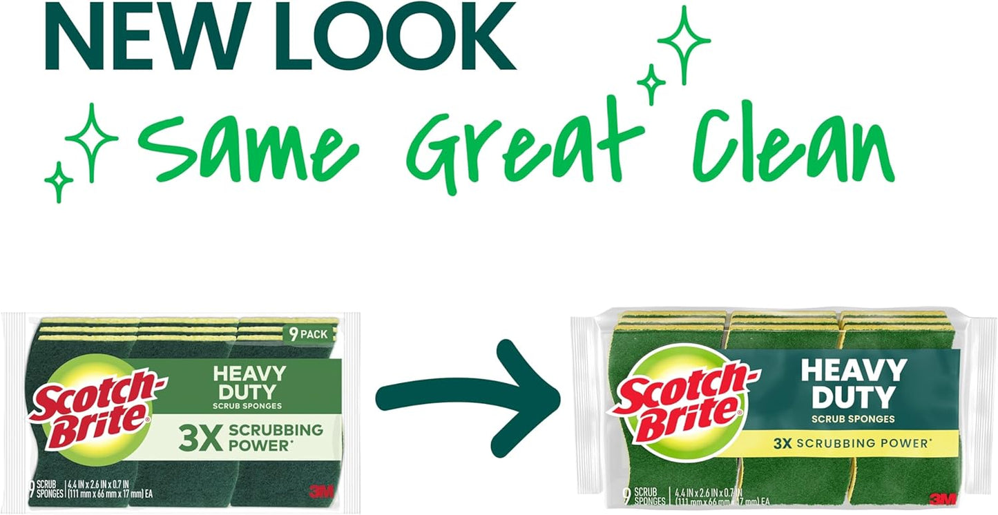 Scotch-Brite Heavy Duty Scrub Sponge, 9 Kitchen Sponges Designed for Tough Messes in the Kitchen that Last 3X Longer*, Best for Cast Iron Skillets and Outdoor Grills, Flexible, Durable, and Strong