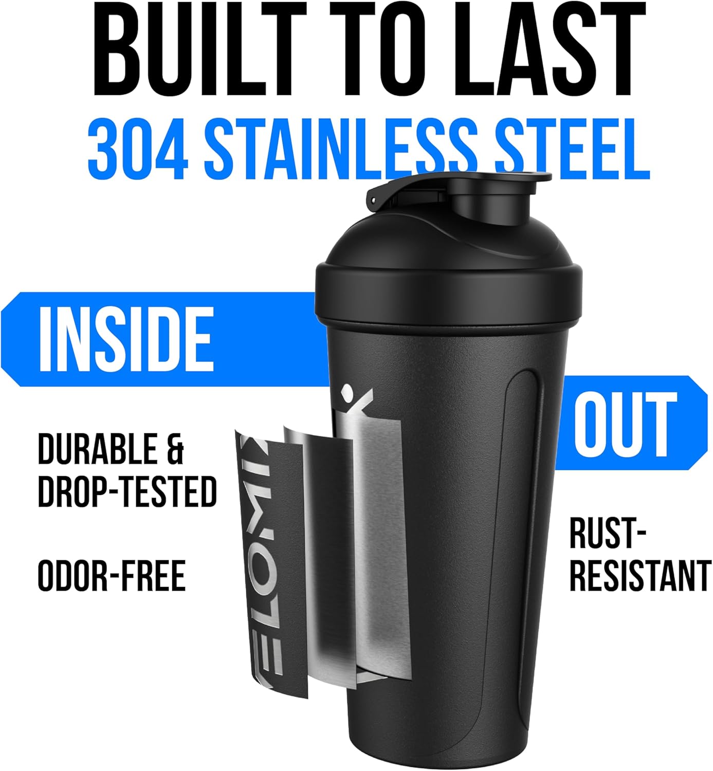 VELOMIX 24 oz Stainless Steel Shaker Bottle with Wire Whisk - Leakproof, No Clumps, Odor Resistant Metal Shaker Bottle, Insulated Shaker Cups for Protein Shakes, Pre Workout and Smoothie (Black)