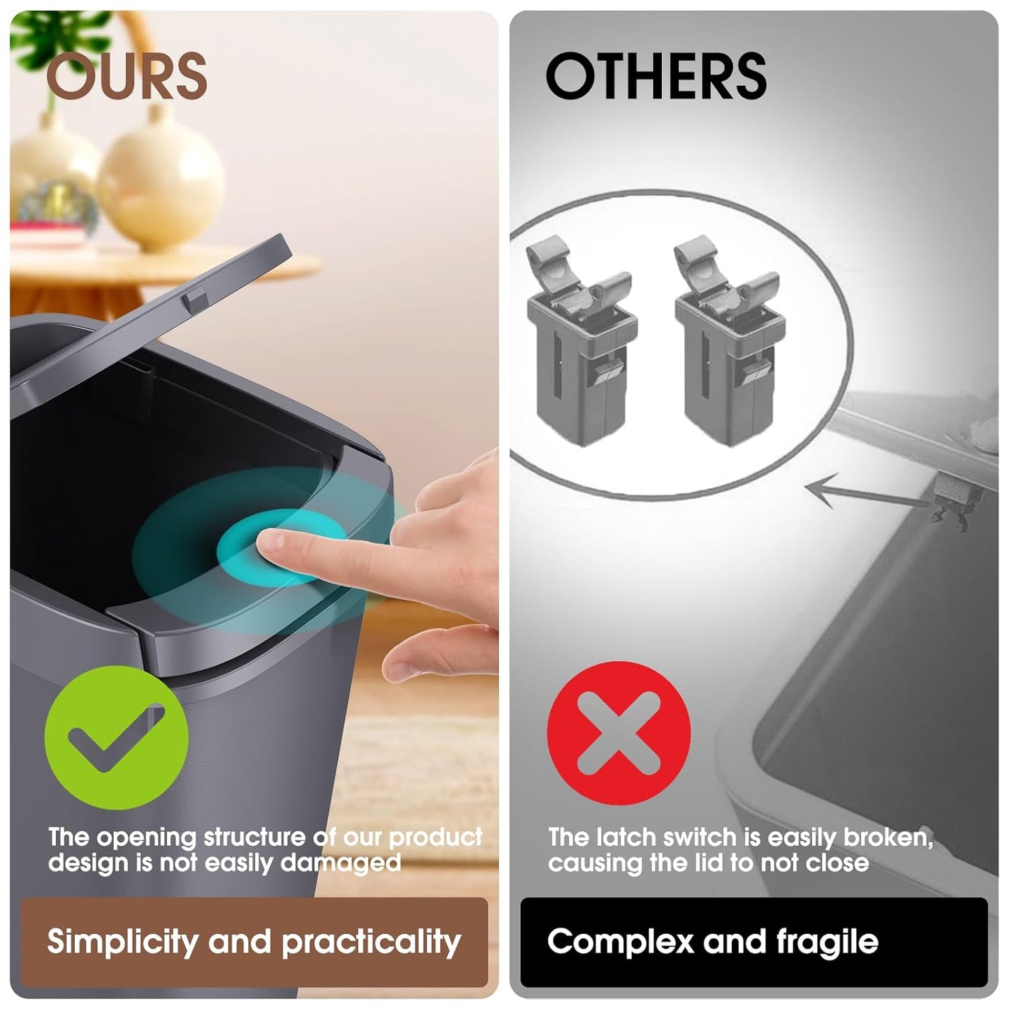 CEROELDA 3 Pack Bathroom Trash Can with Lid, 10L/2.6 Gal Small Garbage Can with Press Top Lid, Slim Plastic Waste Basket for Toilet, Office, Bedroom (Muti 1)